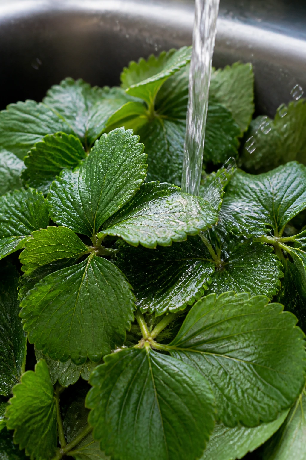 Can Cats Eat Strawberry Leaves? 4 Close-up of washing strawberry leaves under running water in a kitchen sink
