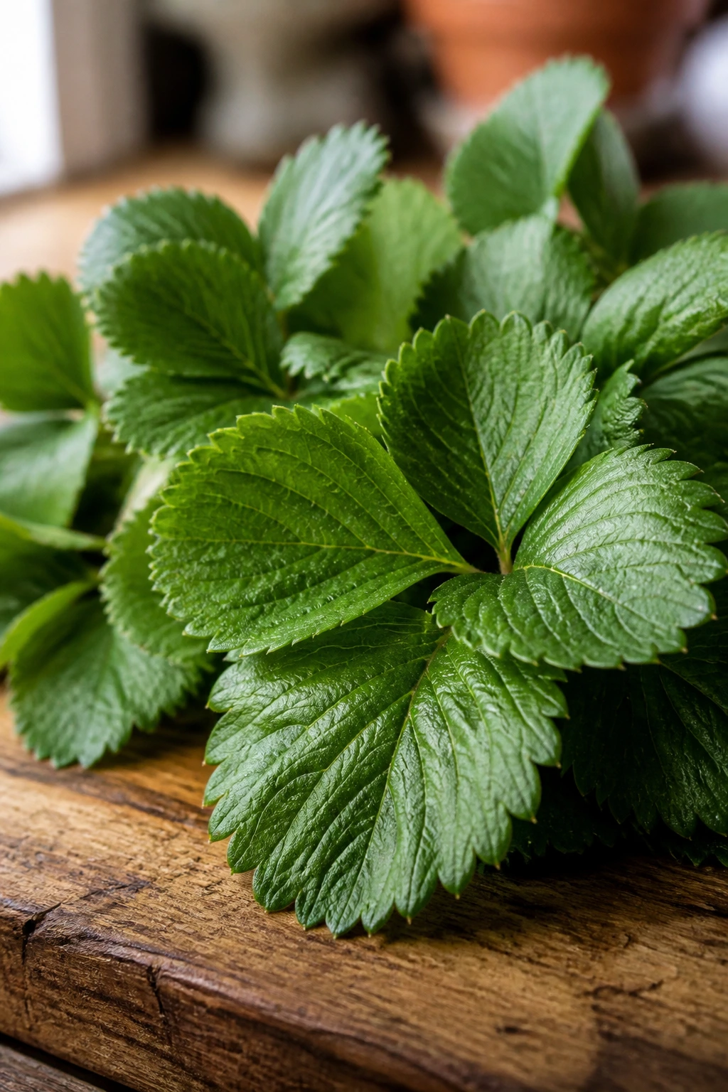 Can Cats Eat Strawberry Leaves? 1 Close-up of fresh green strawberry leaves on a wooden kitchen counter