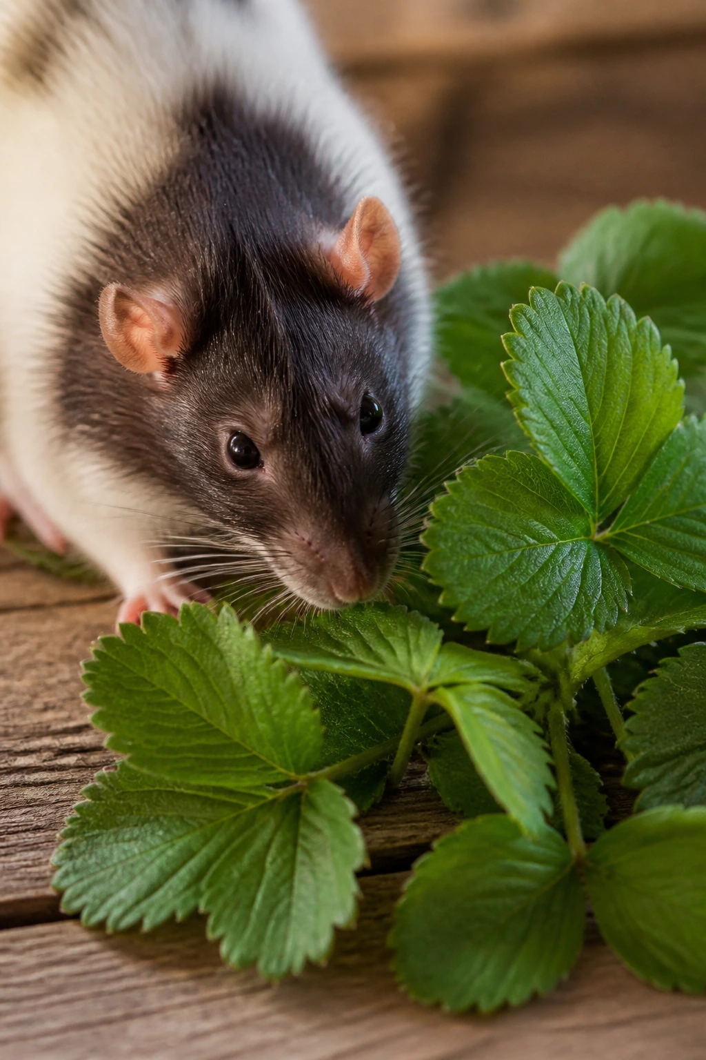Rat with fresh strawberry leaves in a kitchen setting