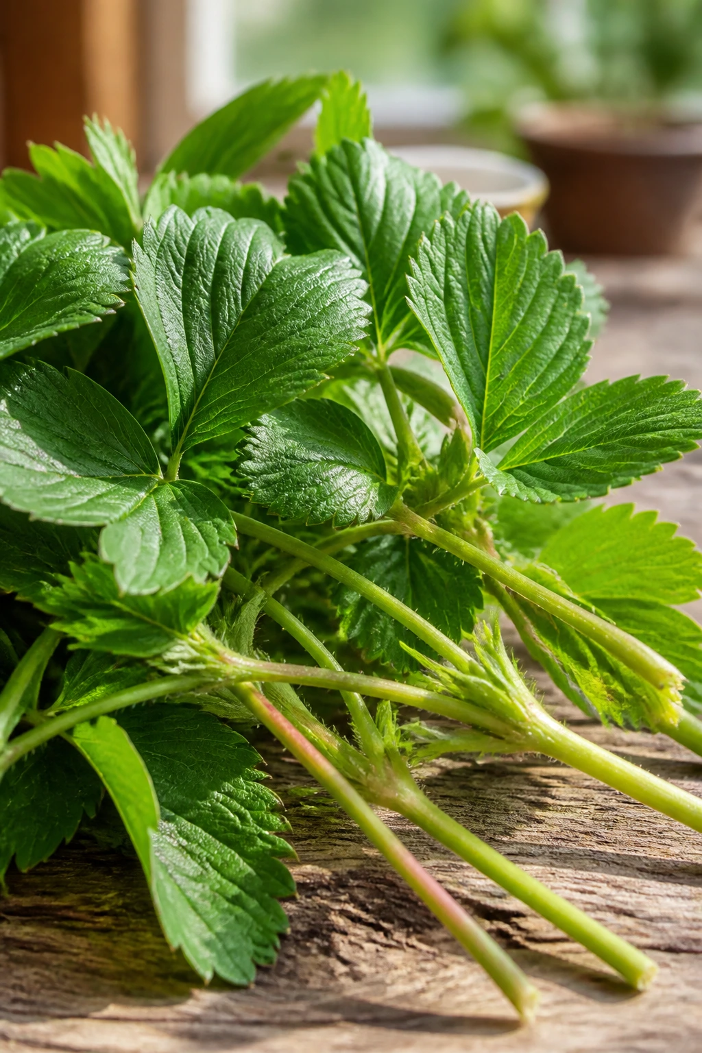 Can Dogs Eat Strawberry Leaves And Stems? 1 Close-up of fresh strawberry leaves and stems on a wooden surface