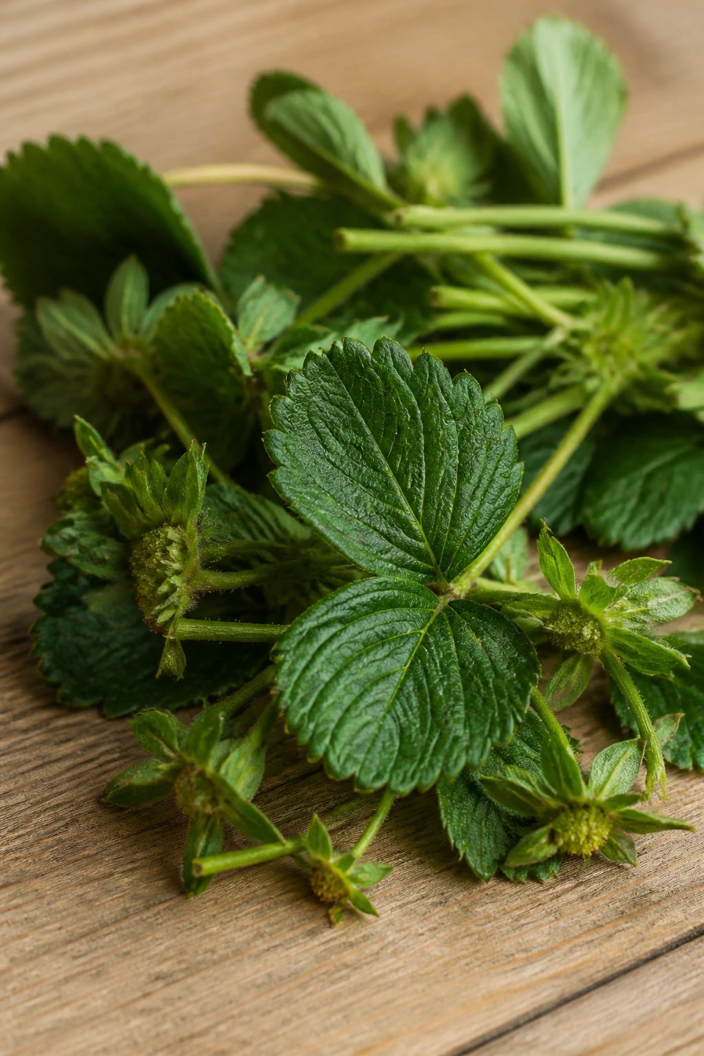 Can Dogs Eat Strawberry Leaves And Stems? 3 Close-up of strawberry leaves and stems on wood