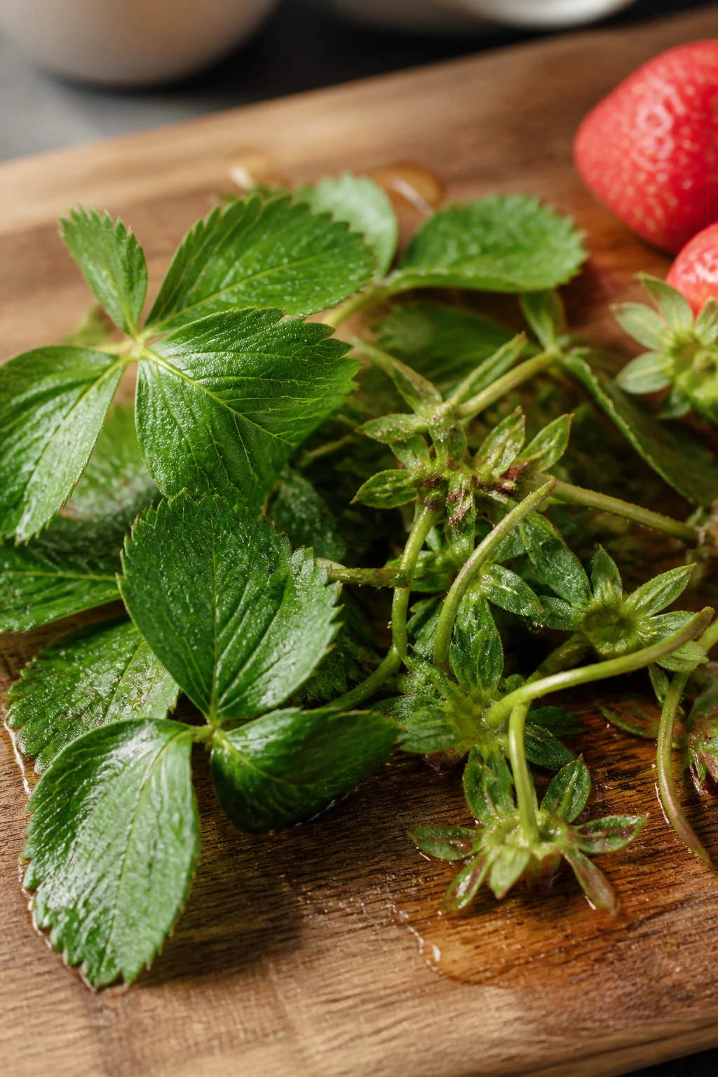 Can Dogs Eat Strawberry Leaves And Stems? 4 Fresh strawberry leaves and stems with dew on wood