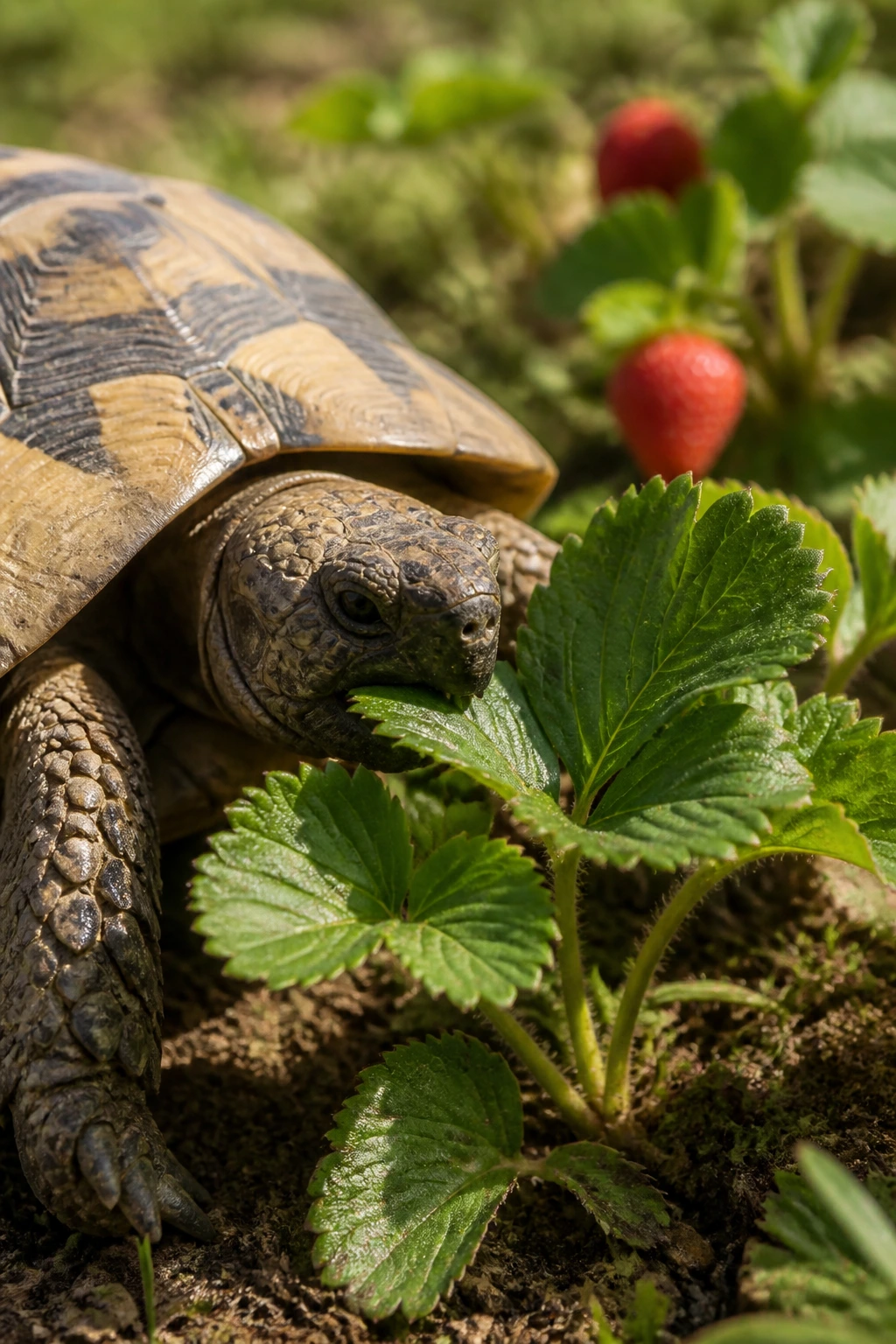 Tortoise nibbling strawberry leaves in a sunny garden