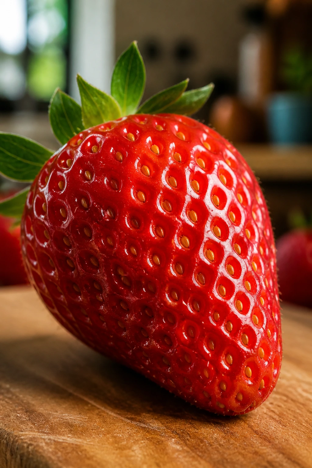 Close-up of a single ripe strawberry in warm kitchen light