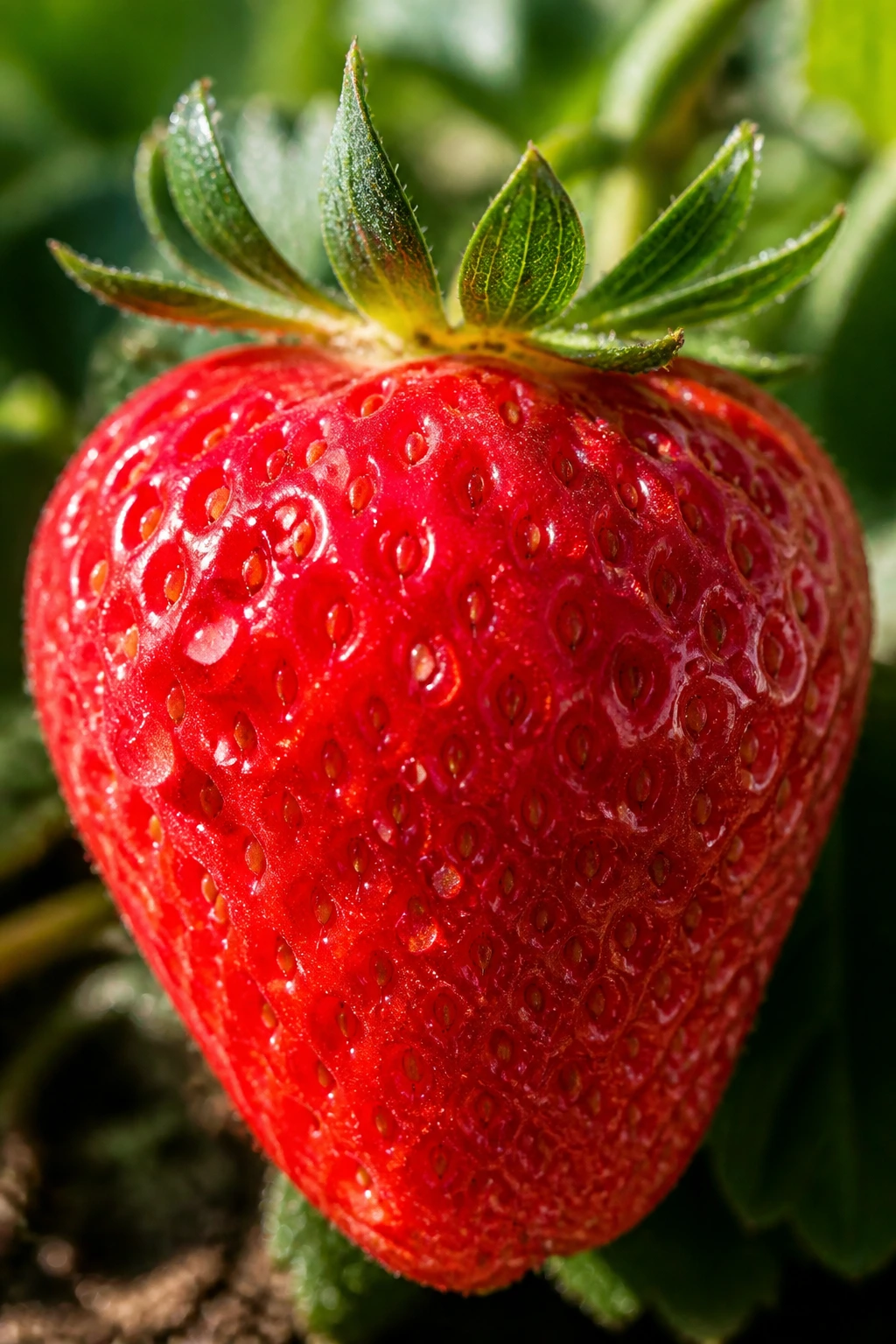 Close-up of a single ripe strawberry with dew in a sunlit garden