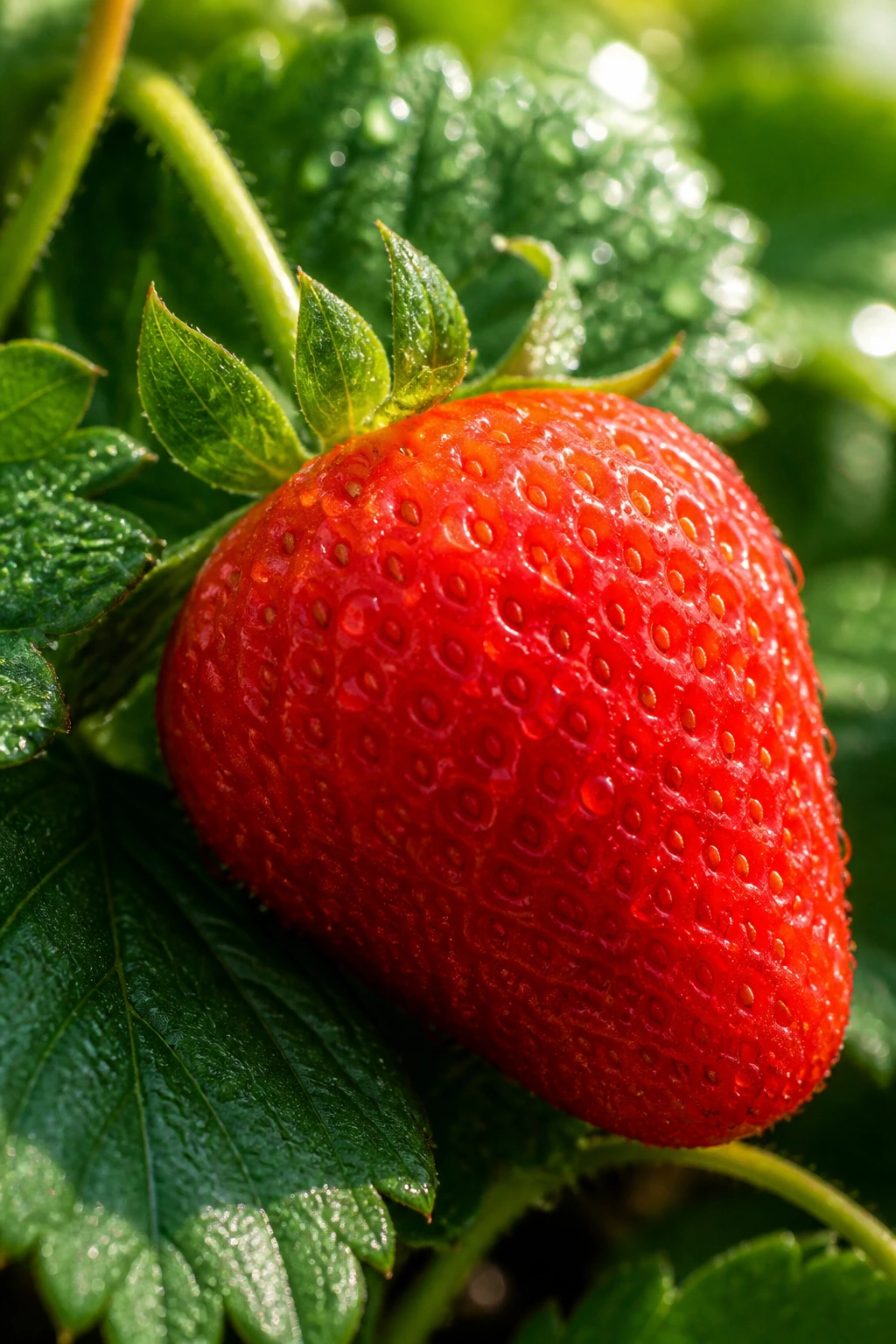 Macro strawberry on leafy plant with dew droplets