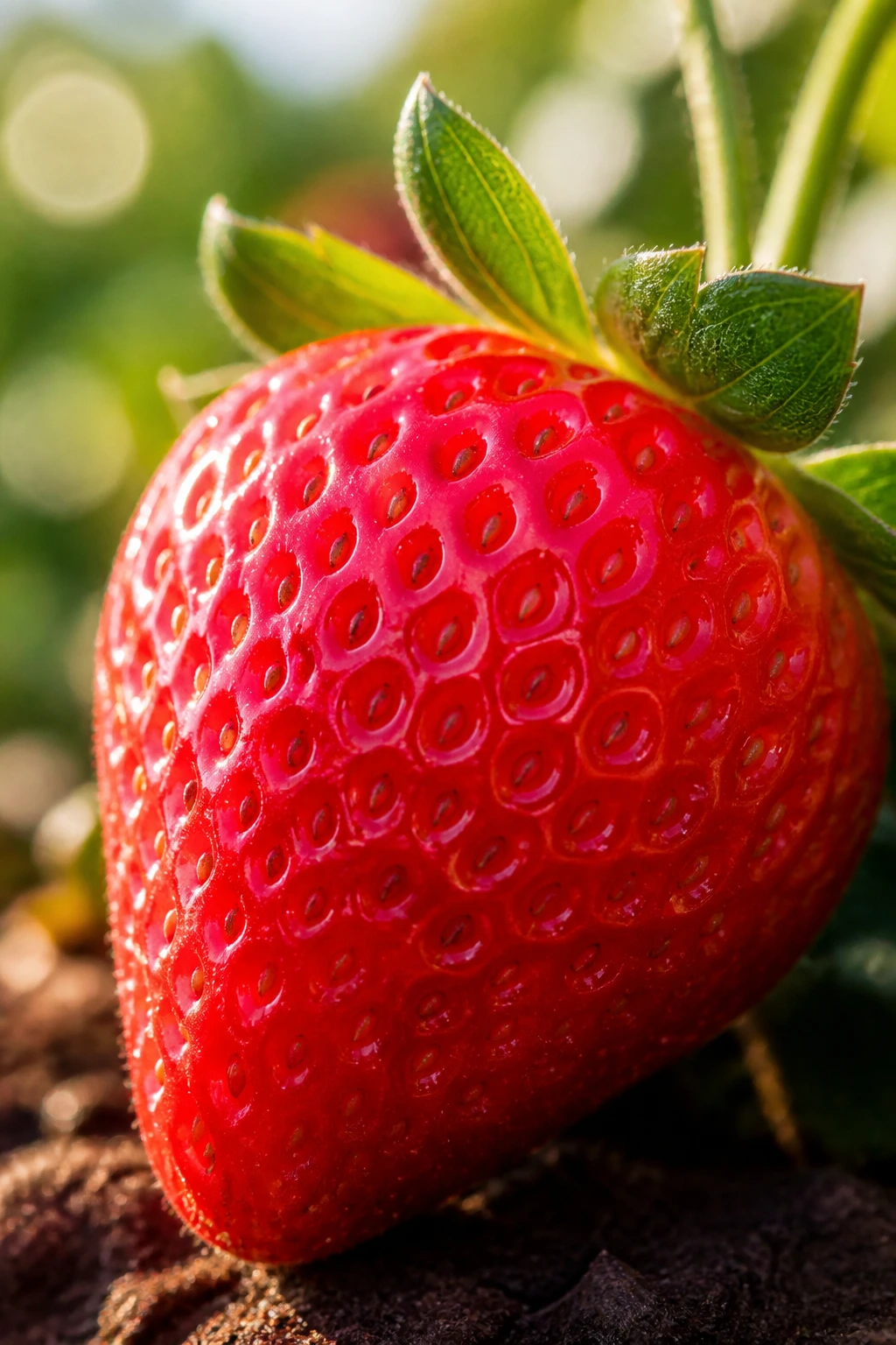 Close-up of a single ripe strawberry in outdoor sunlight