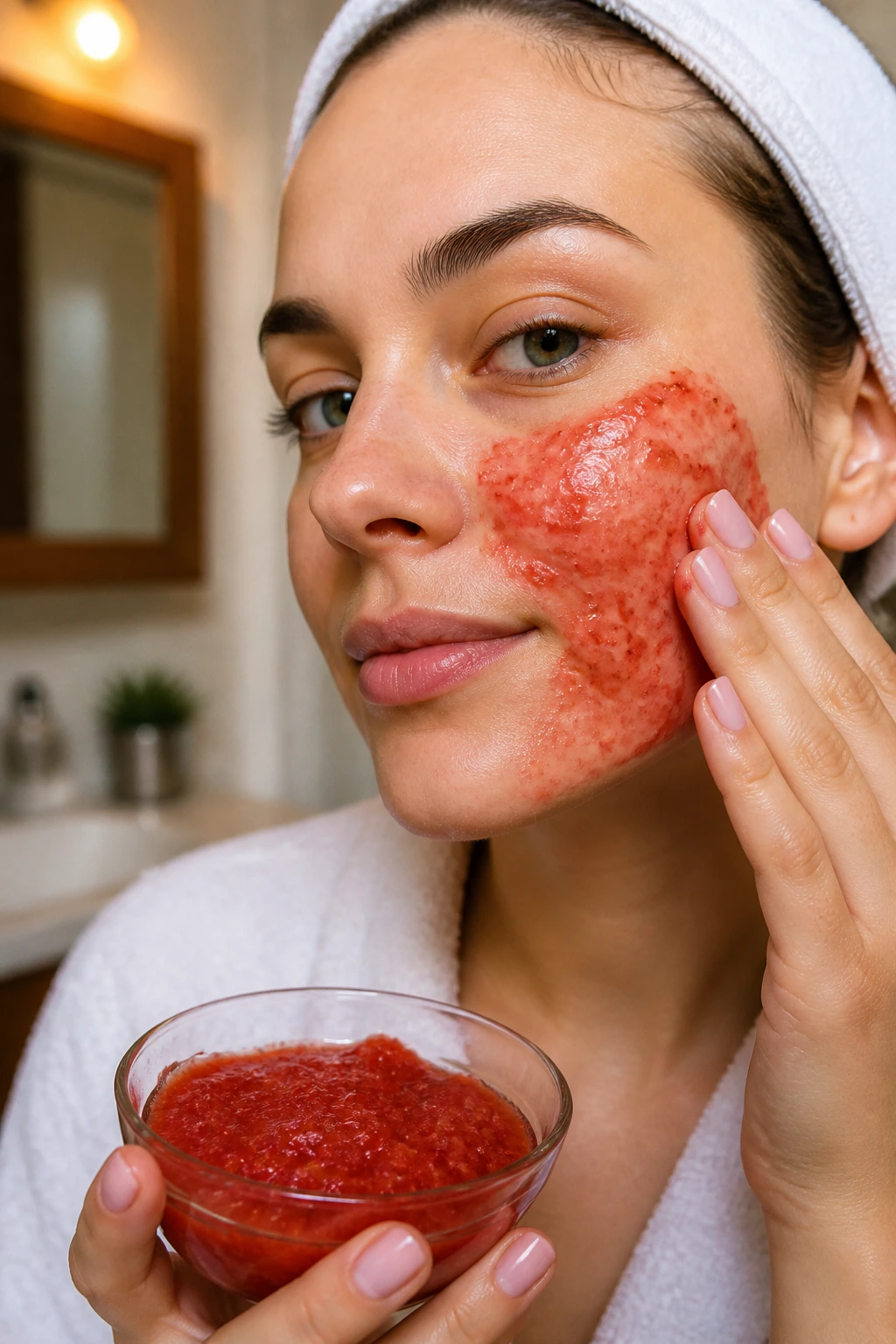 Banishing Breakouts: Are Strawberries Good For Acne? 6 Real person applying strawberry facial mask on cheek.