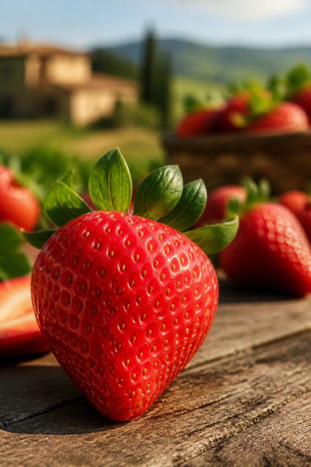 Single ripe strawberry on rustic table with Italian countryside blur