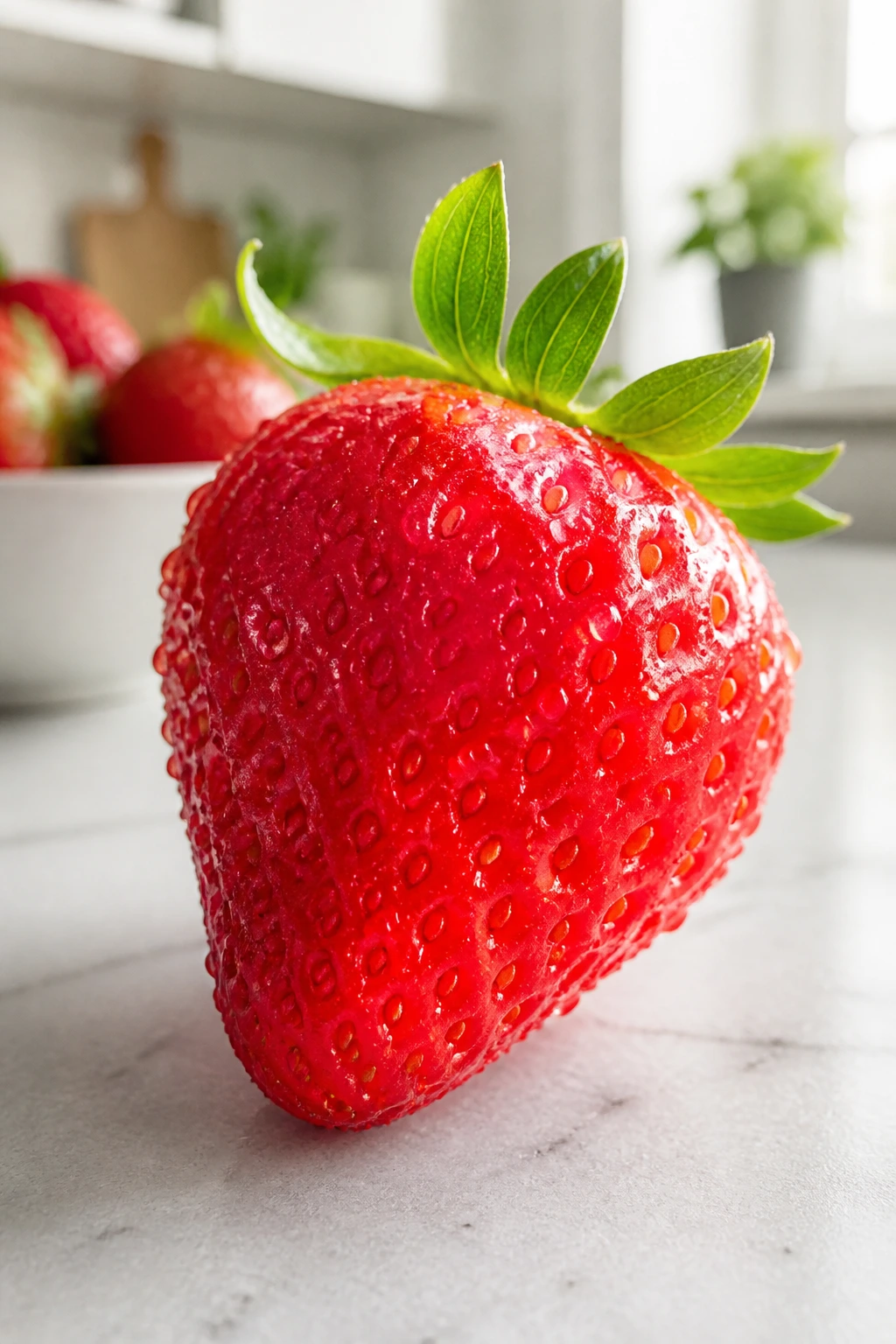 Close-up of a fresh strawberry in bright kitchen light