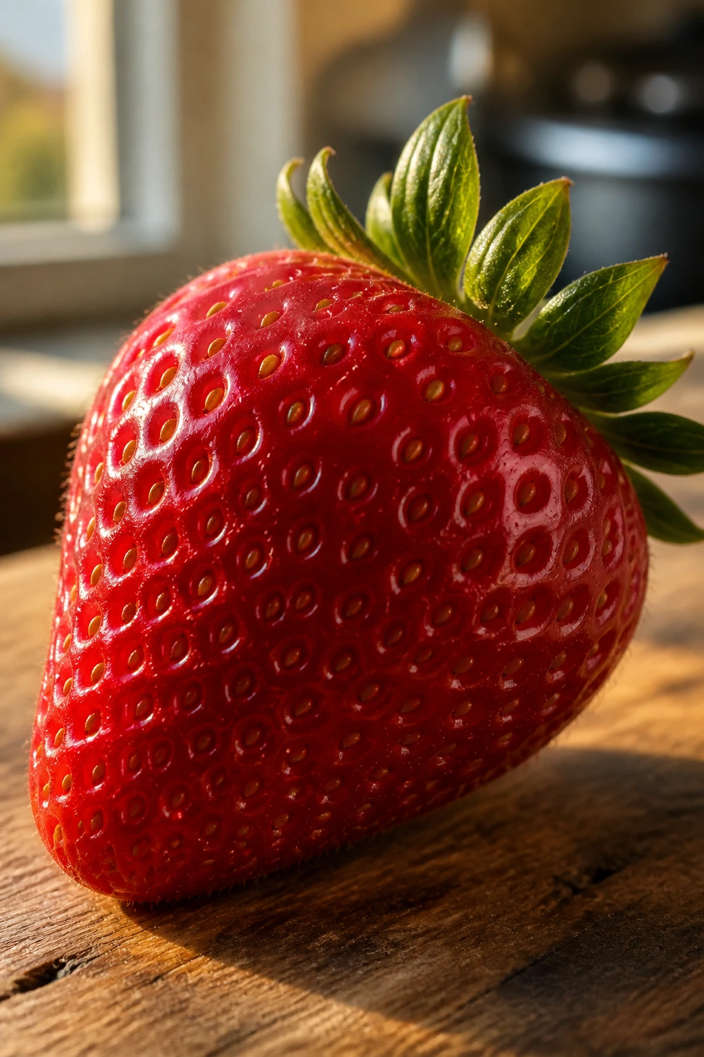 Close-up of a ripe strawberry filling the frame on a rustic kitchen counter