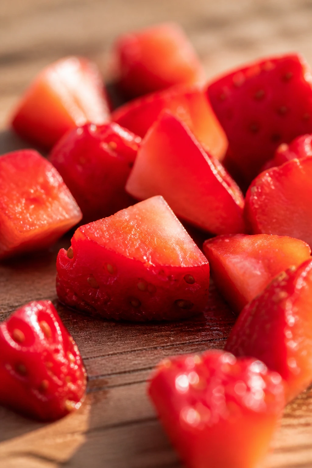 Strawberry pieces arranged on a wooden surface in bright outdoor light