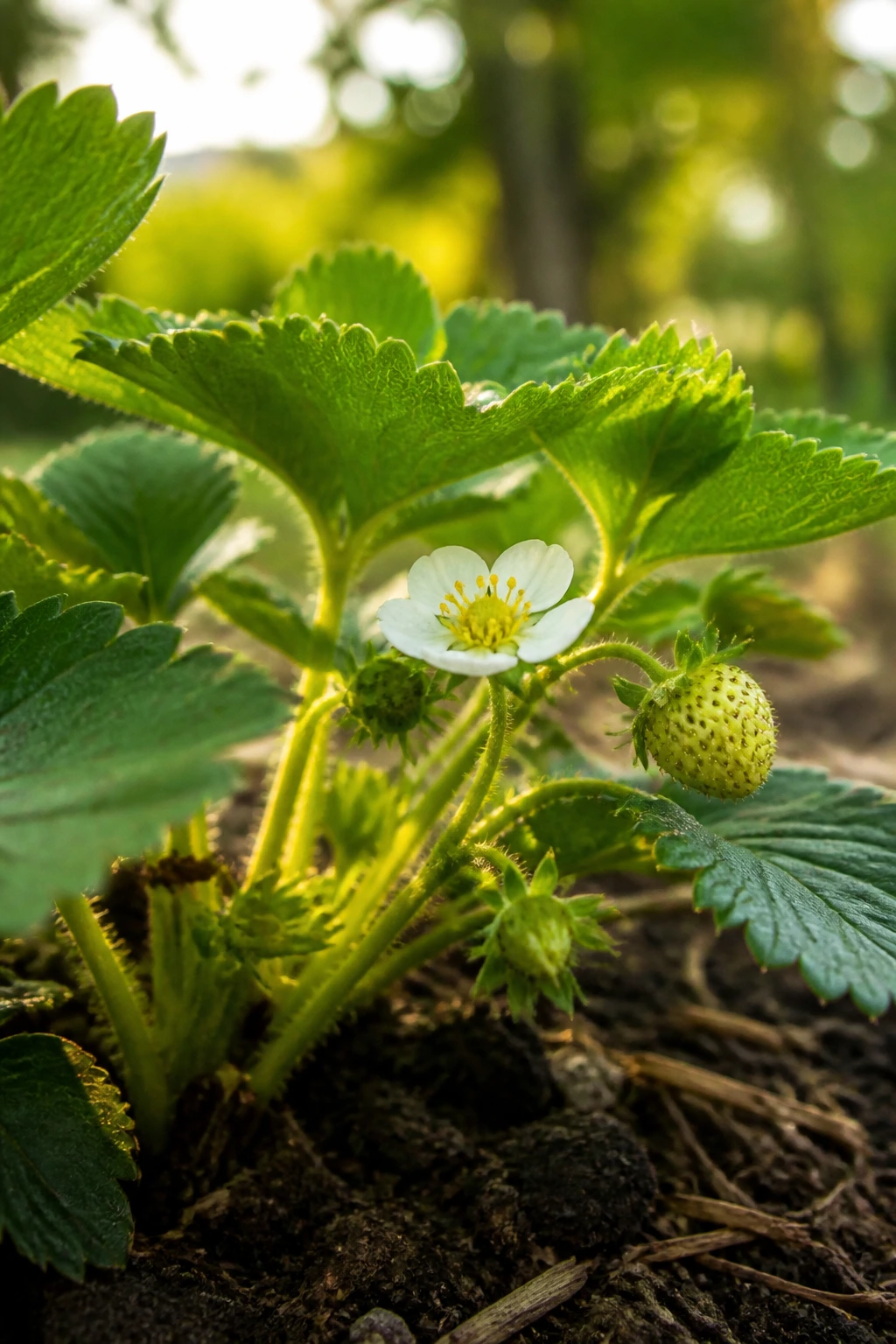 Why Are My Strawberry Plants Not Producing Fruit? 3 Close-up of a strawberry plant in a sunny garden bed with developing fruit.