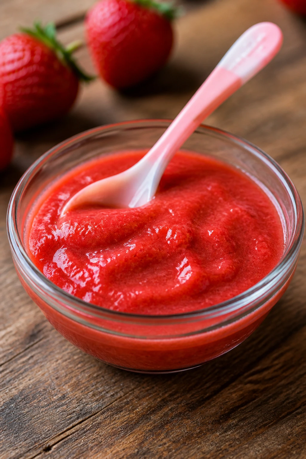 What Are The Benefits of Strawberry for Babies? & The Risk? 8 Glass bowl of strawberry puree with a baby spoon on wooden counter