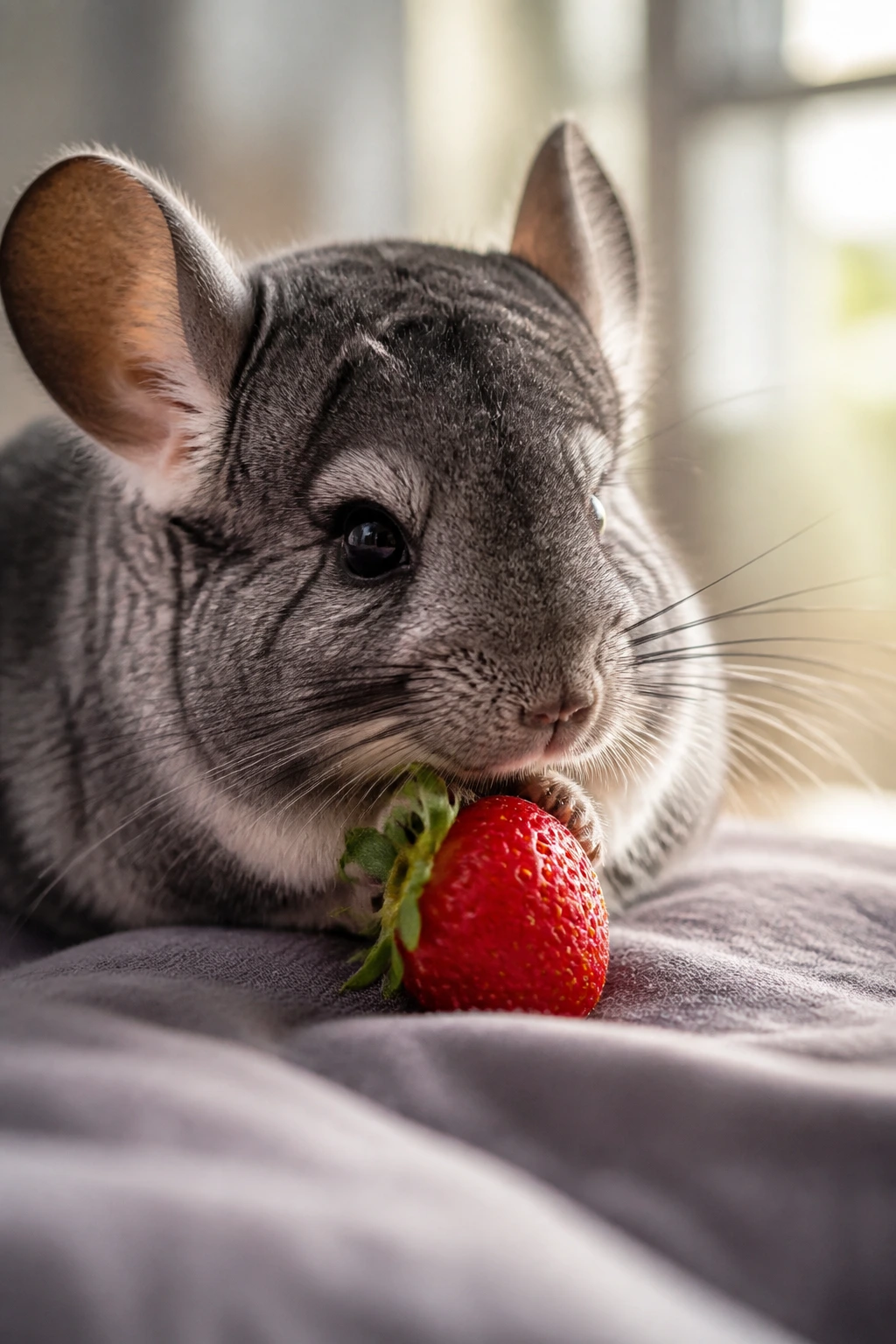 Can Chinchillas Eat Strawberries? All You Need To Know 4 Chinchilla with strawberry, hinting at potential issues from over-snacking.