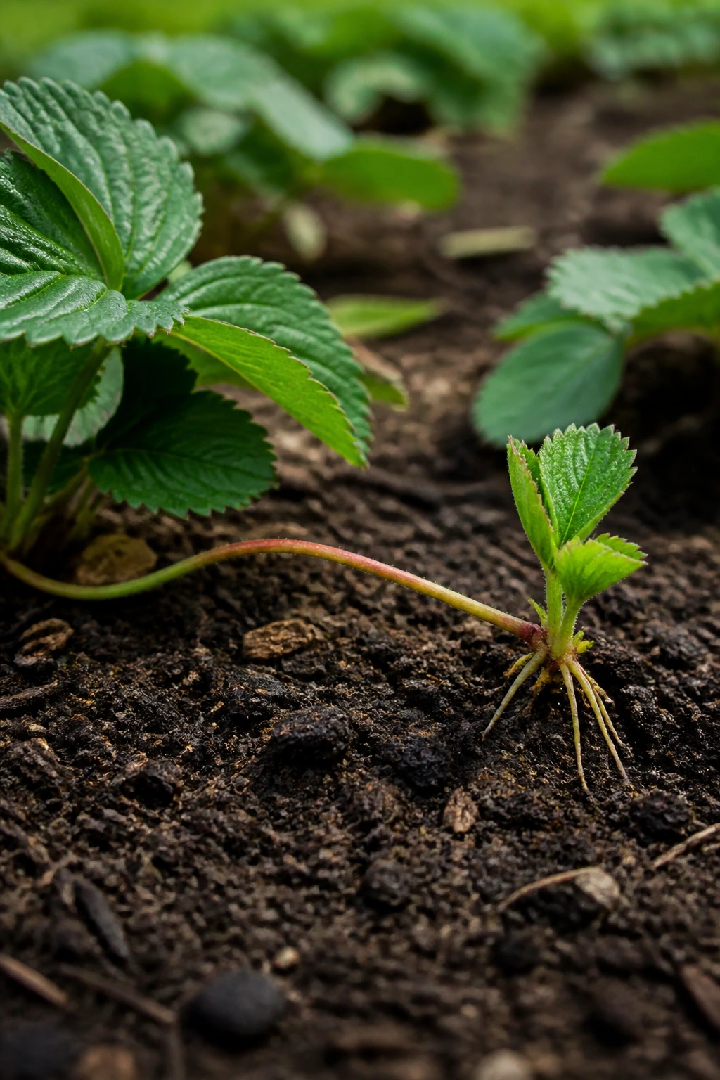 Complete Lifecycle of Strawberry Plants from Start to Finish 12 Close-up of a strawberry runner with a young plant forming at its tip