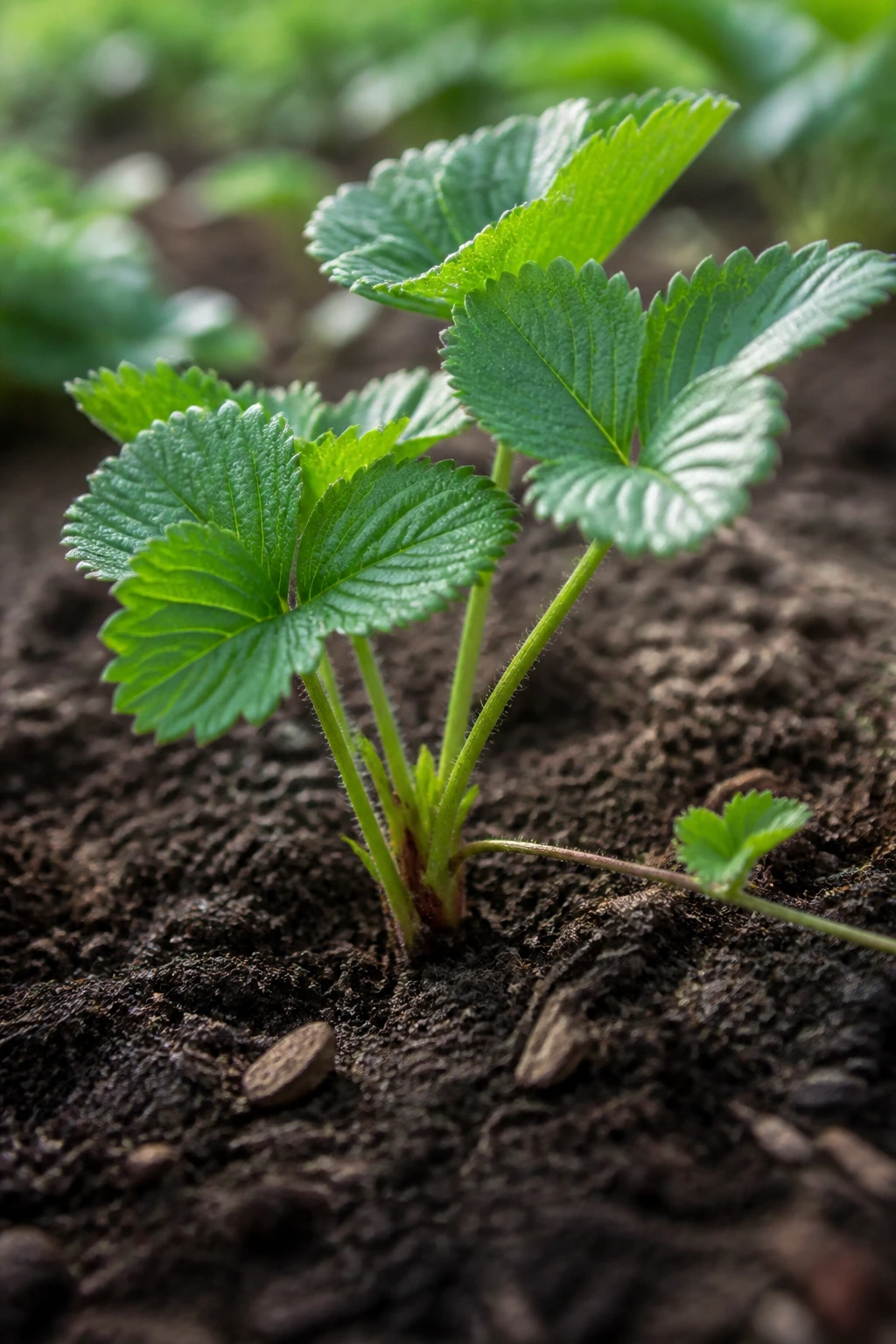Complete Lifecycle of Strawberry Plants from Start to Finish 7 Young strawberry plant with developing leaves and crown