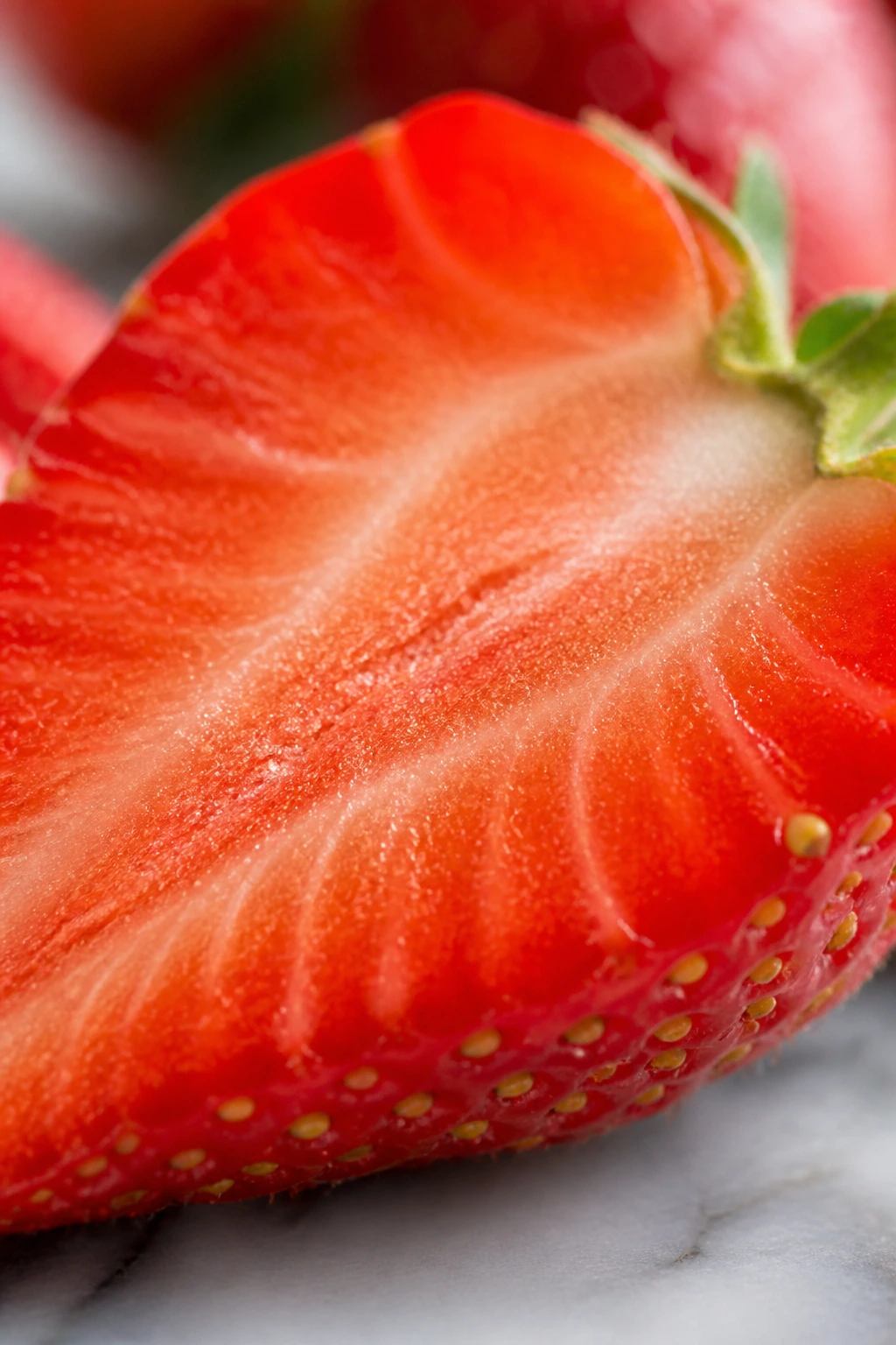 Close-up of a strawberry showing seeds on the surface and juicy red flesh