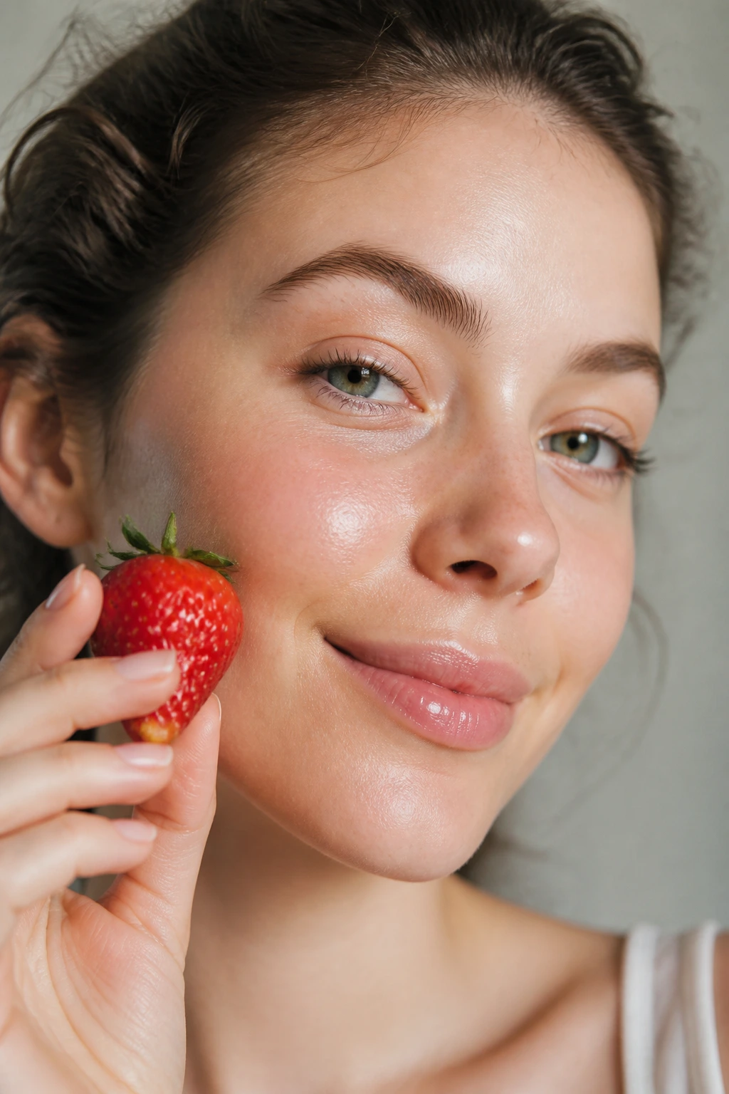 Banishing Breakouts: Are Strawberries Good For Acne? 5 Portrait of a real person with a strawberry near the cheek.