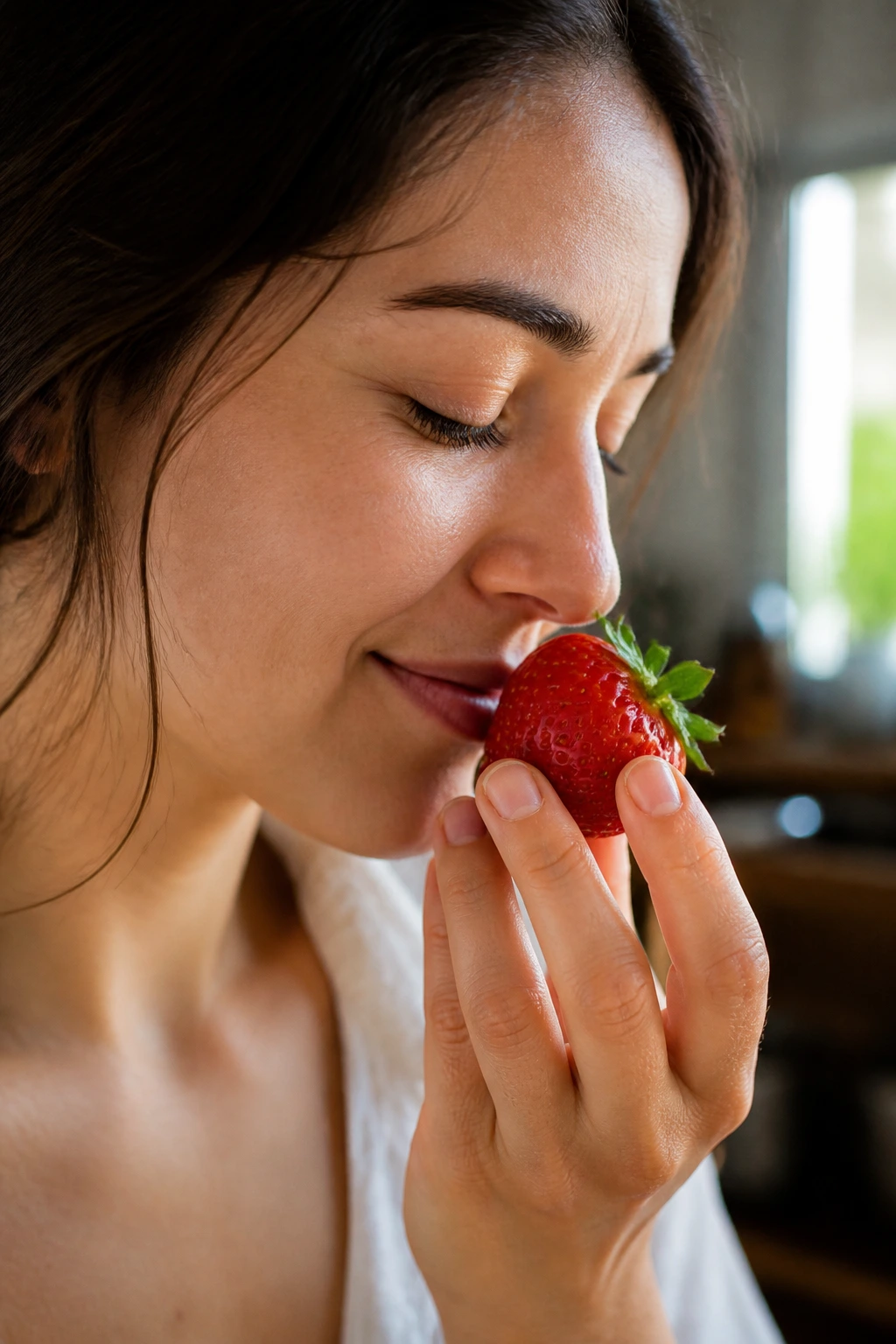 Person smelling a ripe strawberry in a kitchen