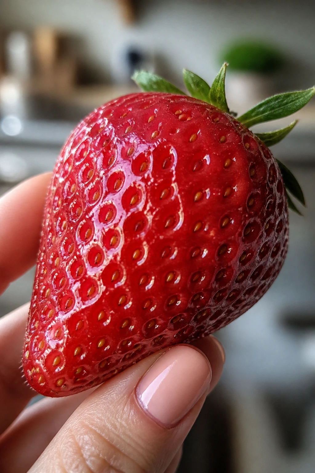 Macro close-up of a strawberry filling the frame against a soft kitchen background
