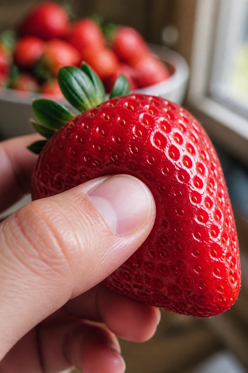 Strawberry being gently pressed by a finger, showing textured surface