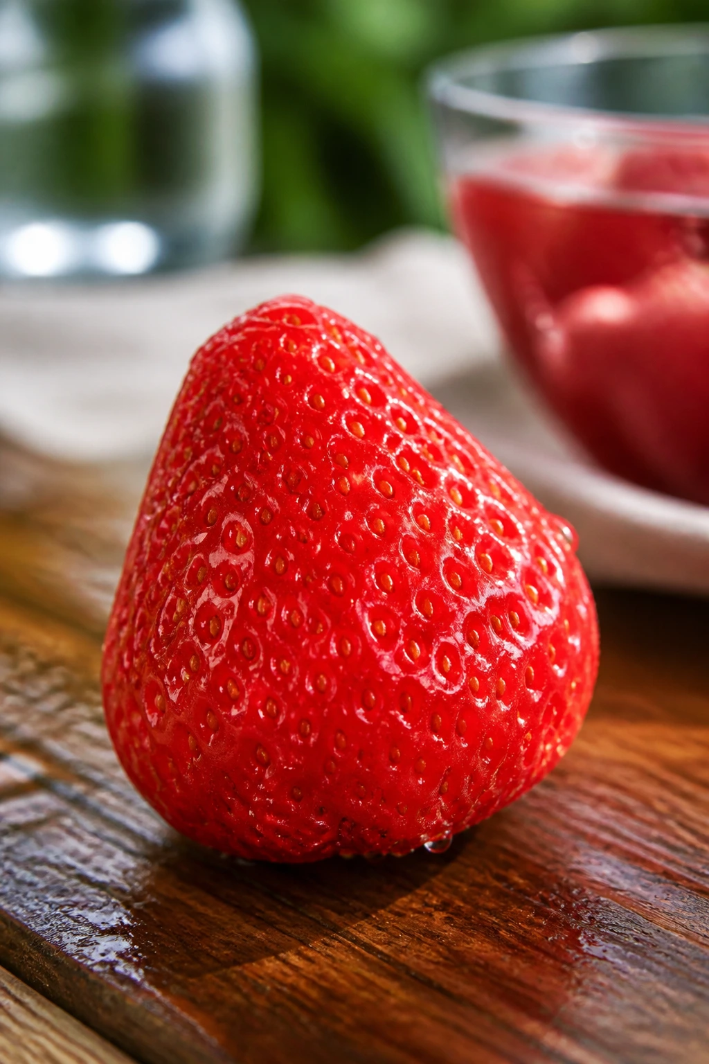 Can Birds Eat Strawberries? All You Need To Know 6 Close-up of a clean strawberry with water droplets on a wooden surface.