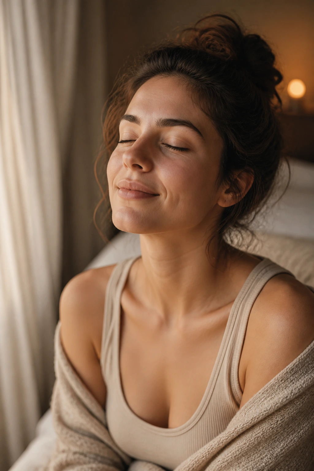 Close-up portrait of a calm person illustrating stress relief.
