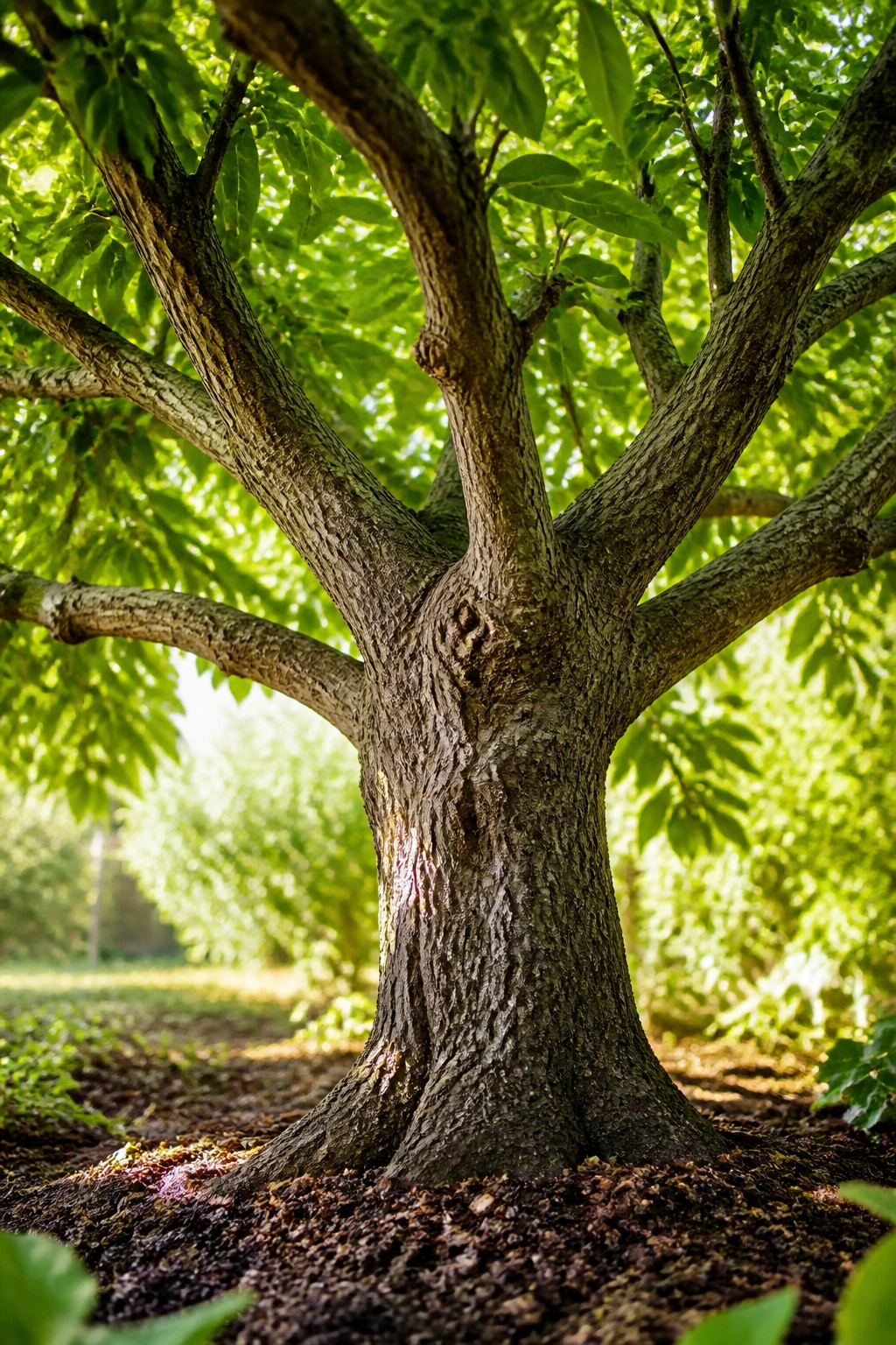 Close-up of a strong healthy tree in a sunlit garden