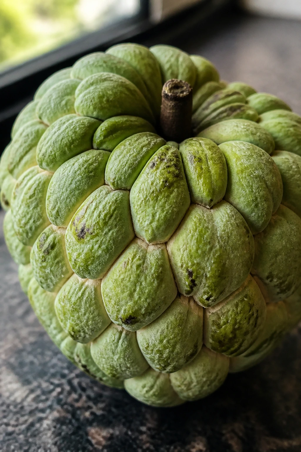 Sugar Apple Vs Custard Apple: Understanding The Difference 1 Close-up of a single Sugar Apple fruit with green scaly skin on a kitchen counter