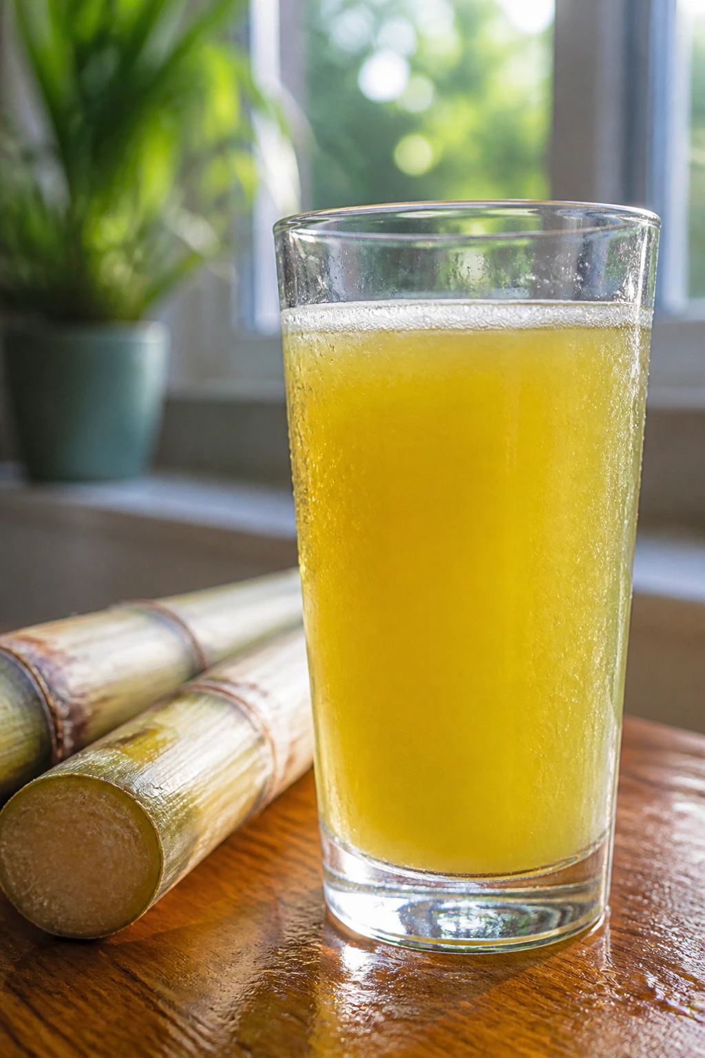 How To Make Sugar Cane Juice At Home 3 Glass of fresh sugar cane juice on a kitchen counter
