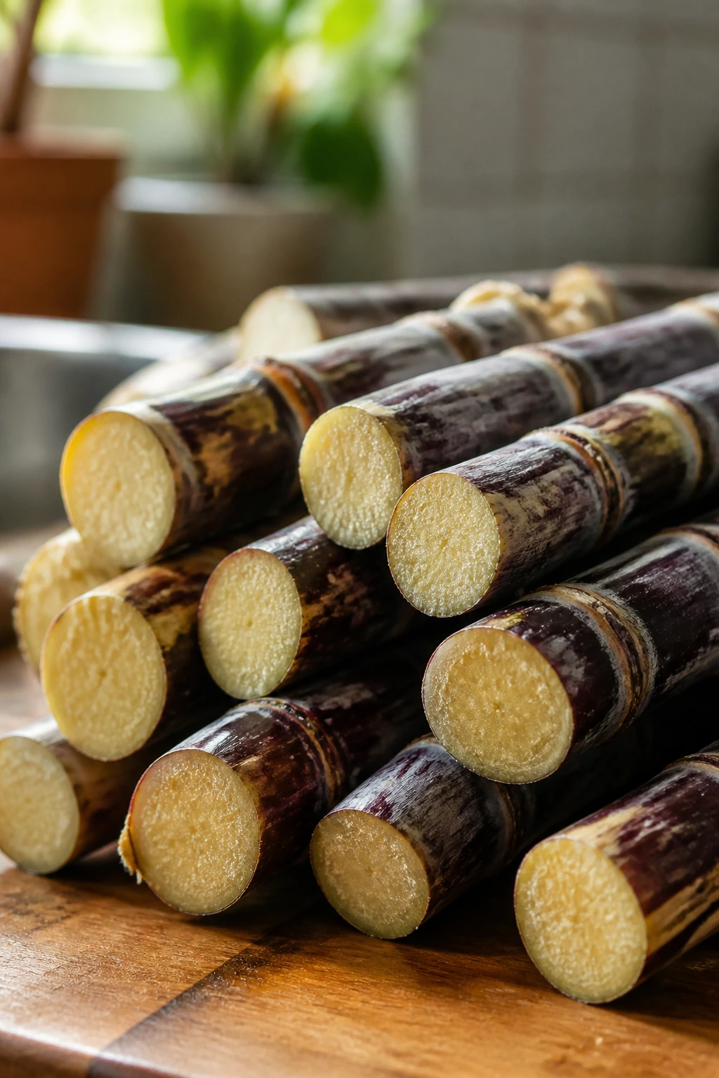 How To Make Sugar Cane Juice At Home 2 Chopped sugar cane stalks on a prep surface
