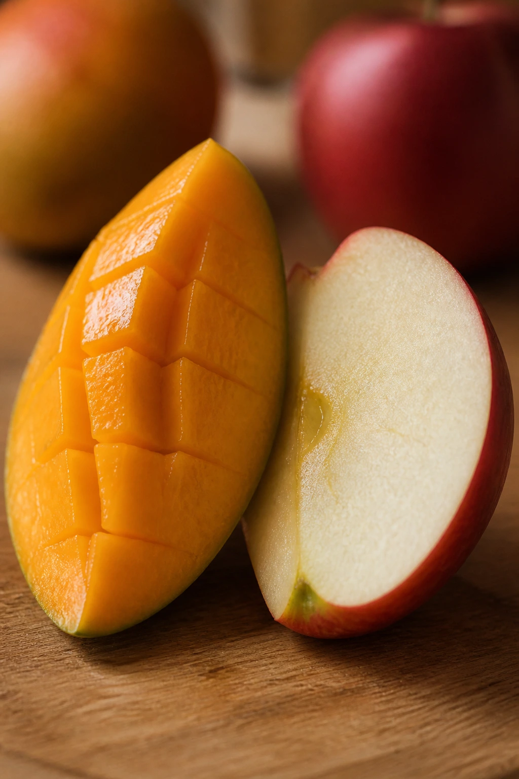 Mango slice and apple slice on wood board highlighting natural sugars