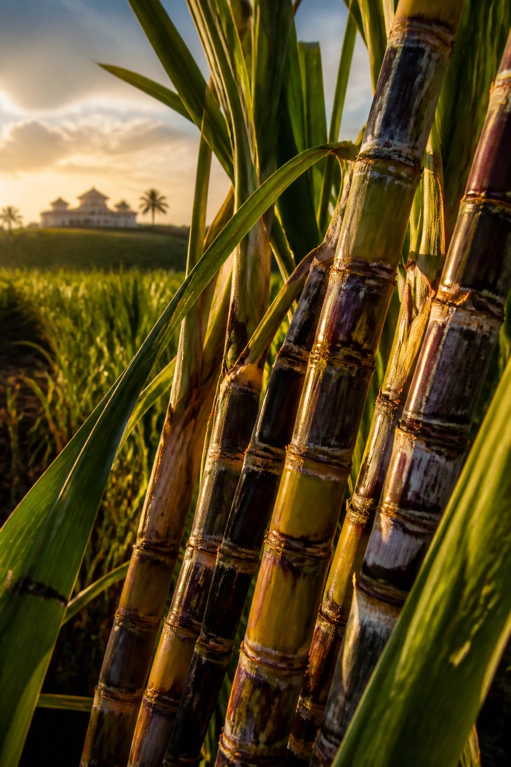 Close-up of sugarcane stalks in a sunlit field