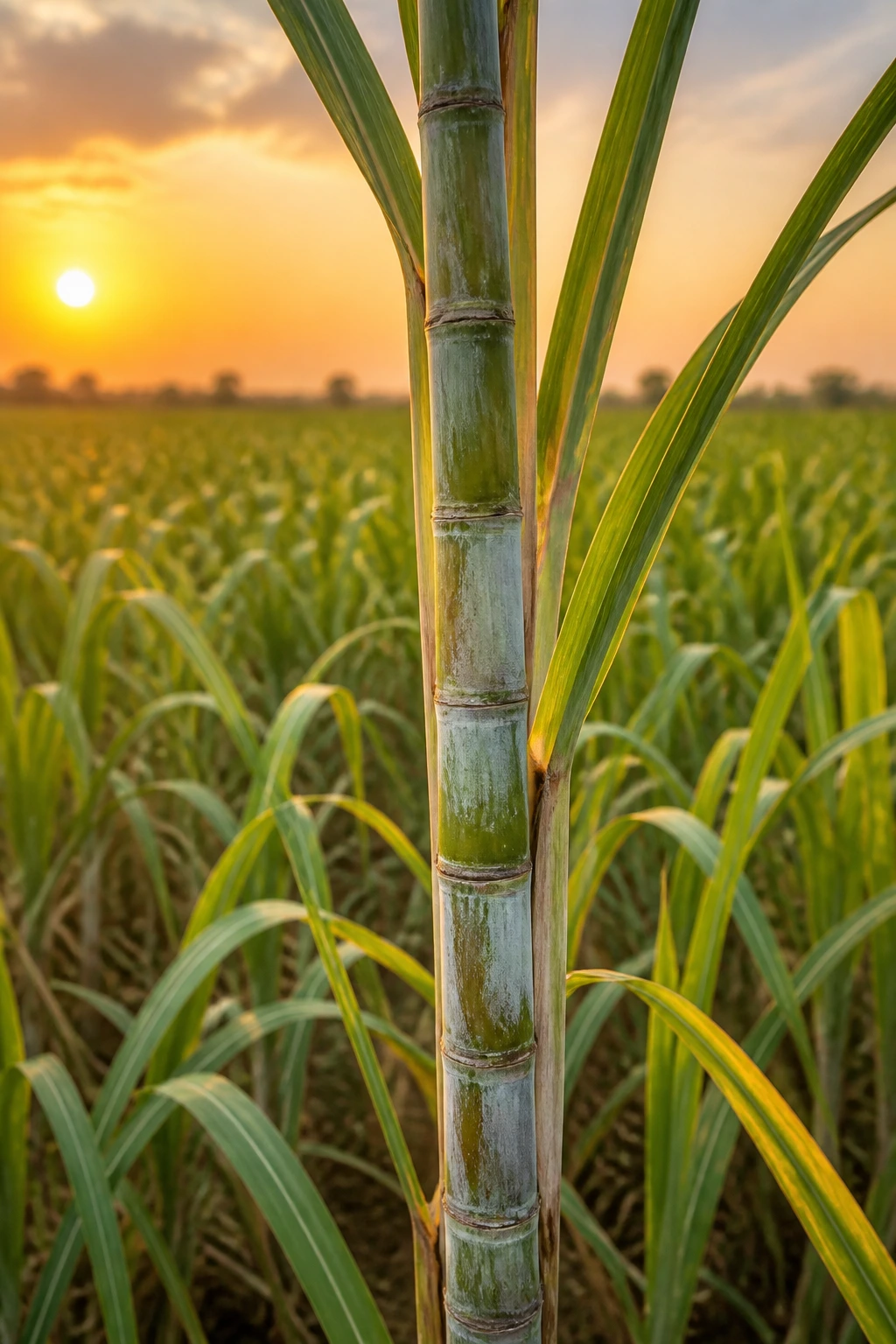 Is Sugarcane A Fruit Or Vegetable Or Grass? All You Need To Know 3 Close-up of a sugarcane stalk in a field showing its tall, segmented stem