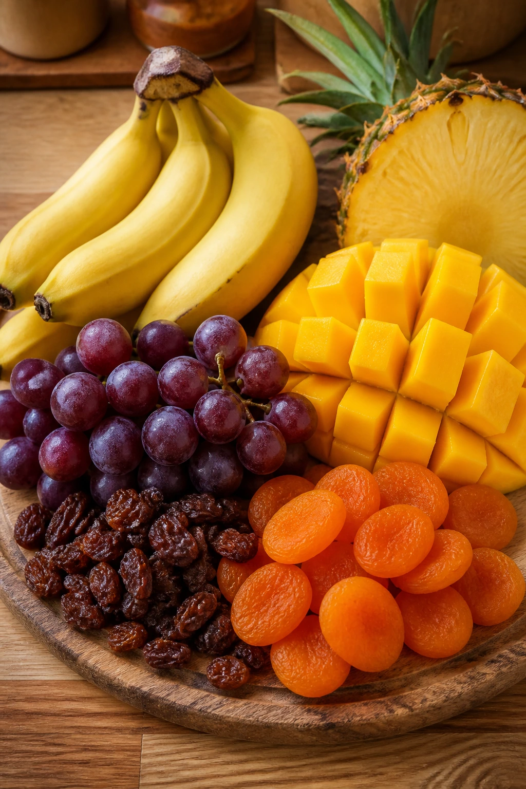 Assorted sugary fruits arranged on a wooden board ready for a snack.