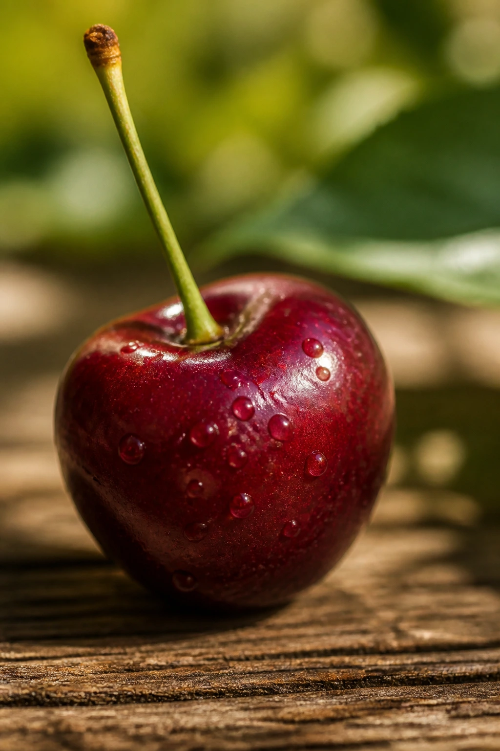 Single cherry on wooden table with warm light