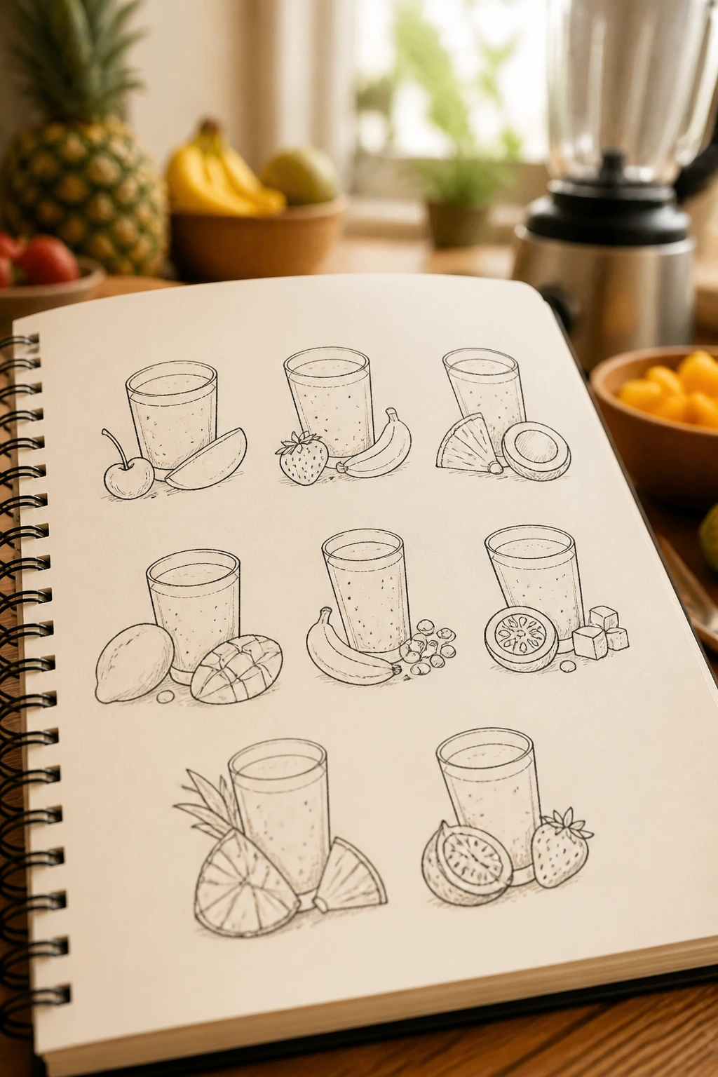 Open notebook with line drawings representing a smoothie summary, no text.