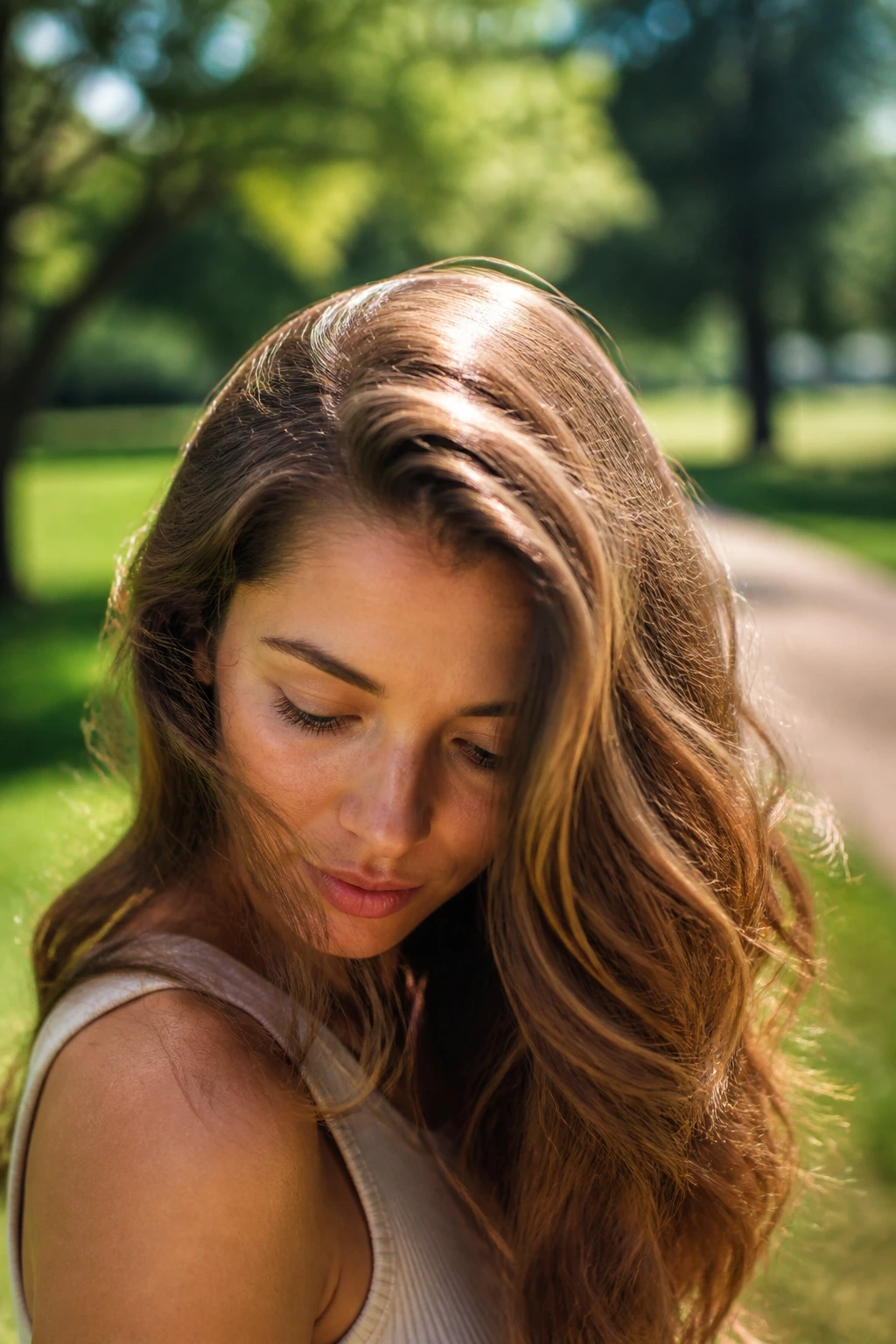 Close-up of real person's sun-kissed hair in outdoor sunlight