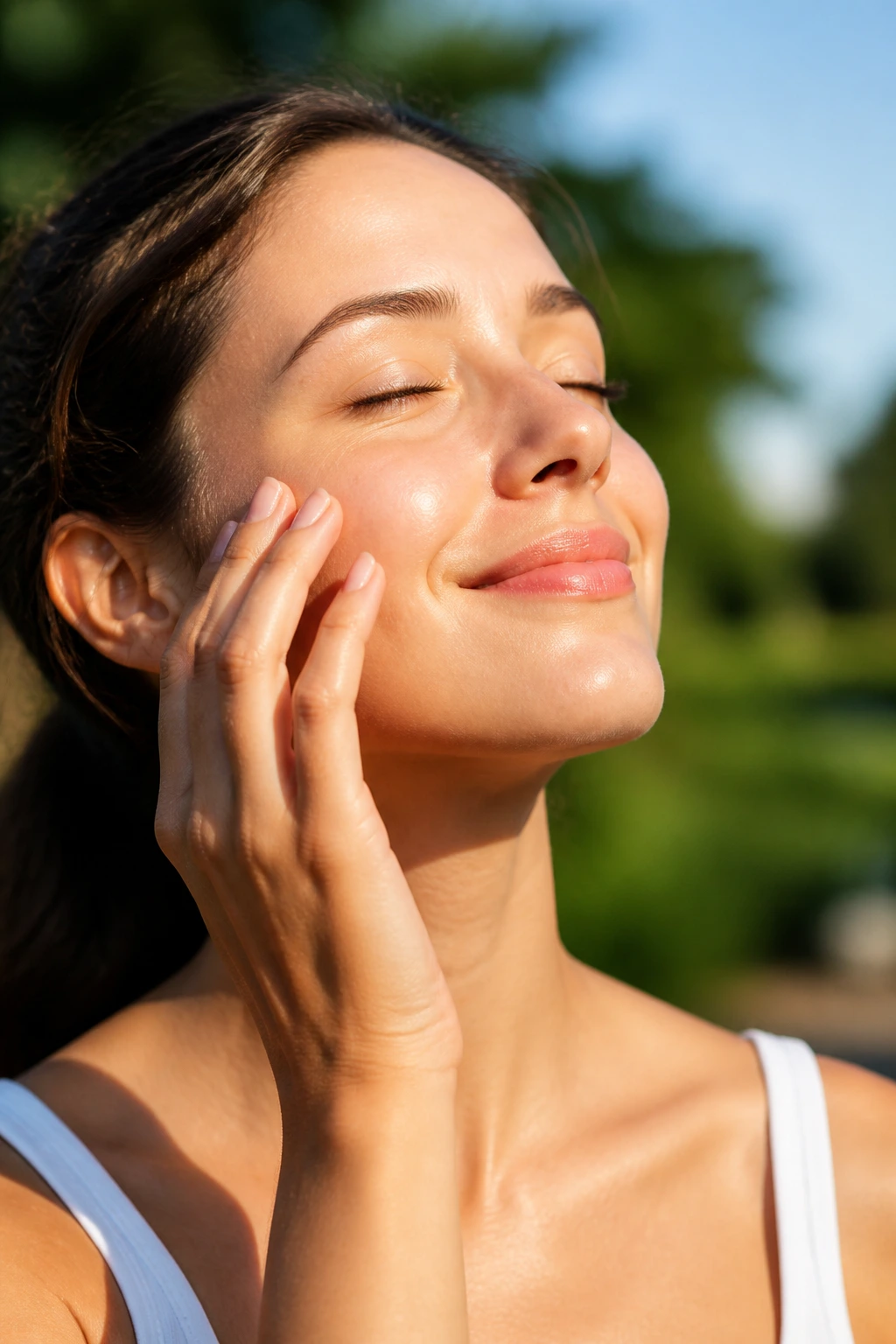 Portrait of a person with sunlit skin in outdoor soft light