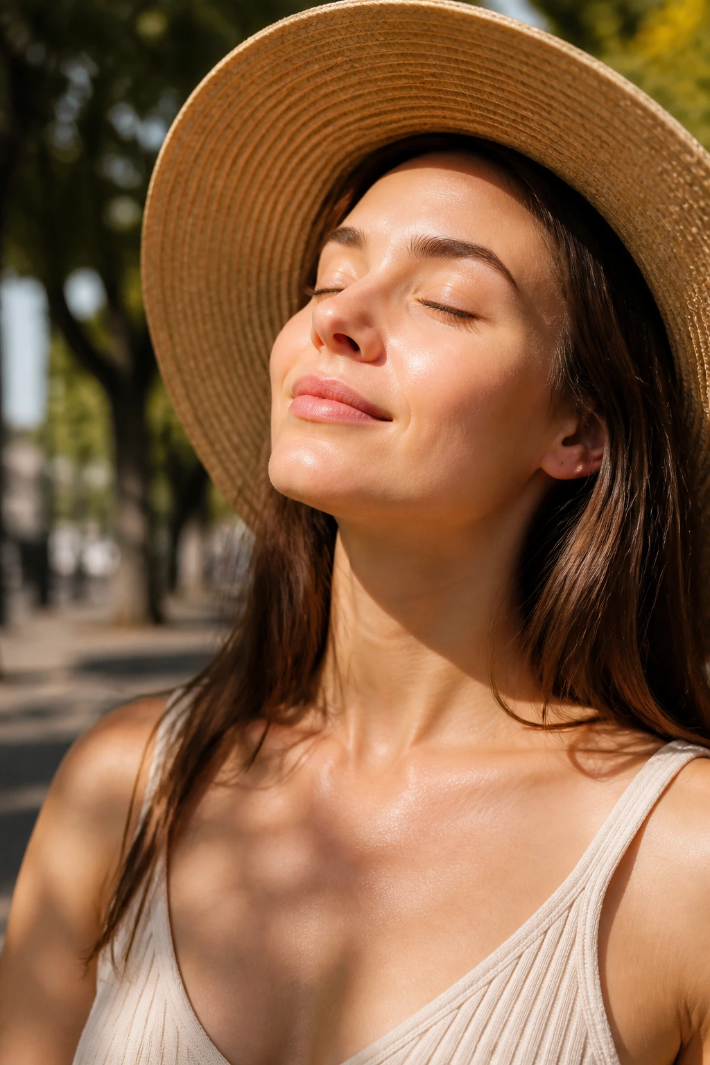 10 Amazing Benefits of Eating Plums for Skin 4 Close-up of a real person's sunlit skin outdoors with a protective, calm expression.