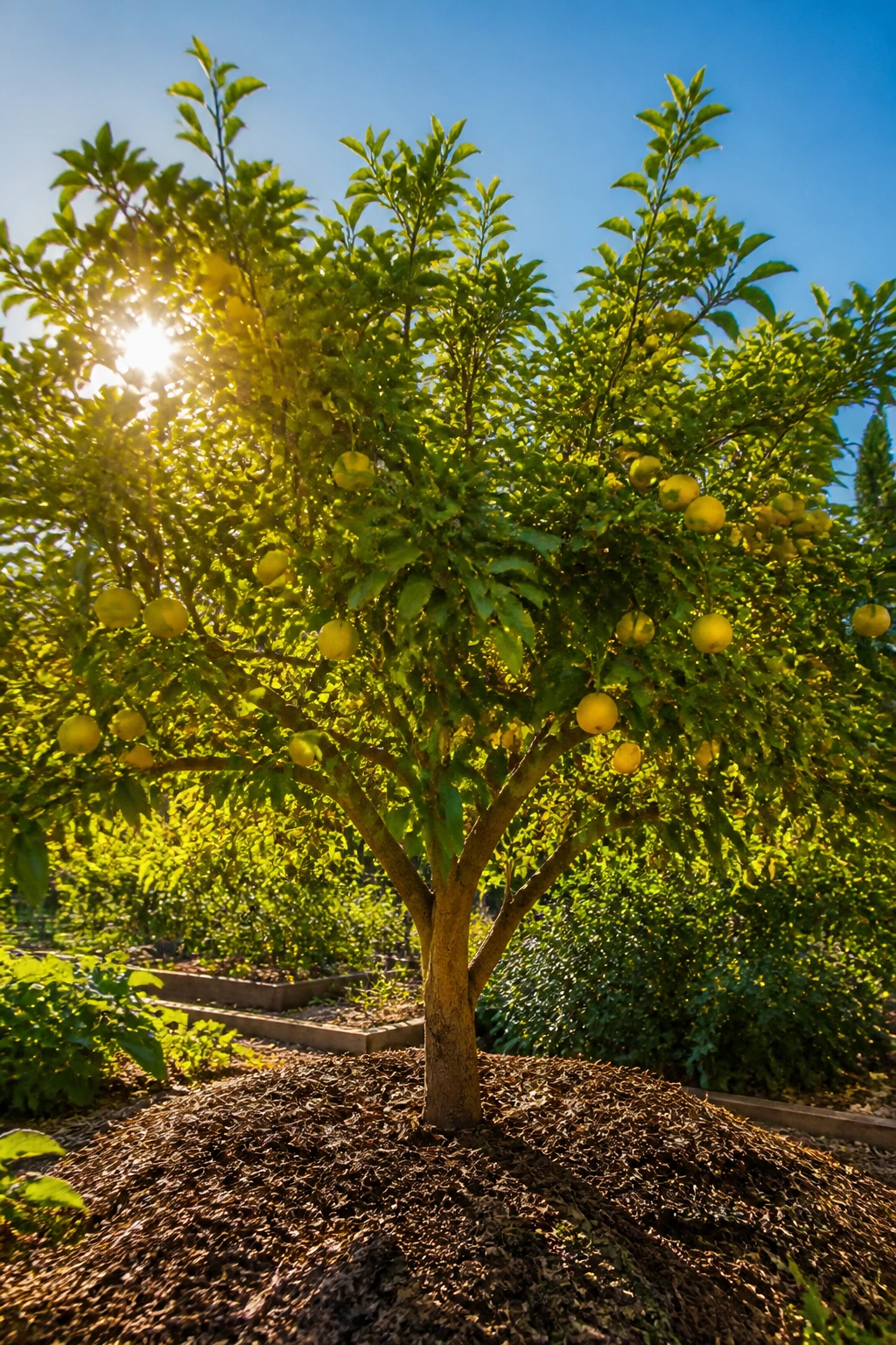 Sunlit fruit tree canopy in a garden with mulch at the base