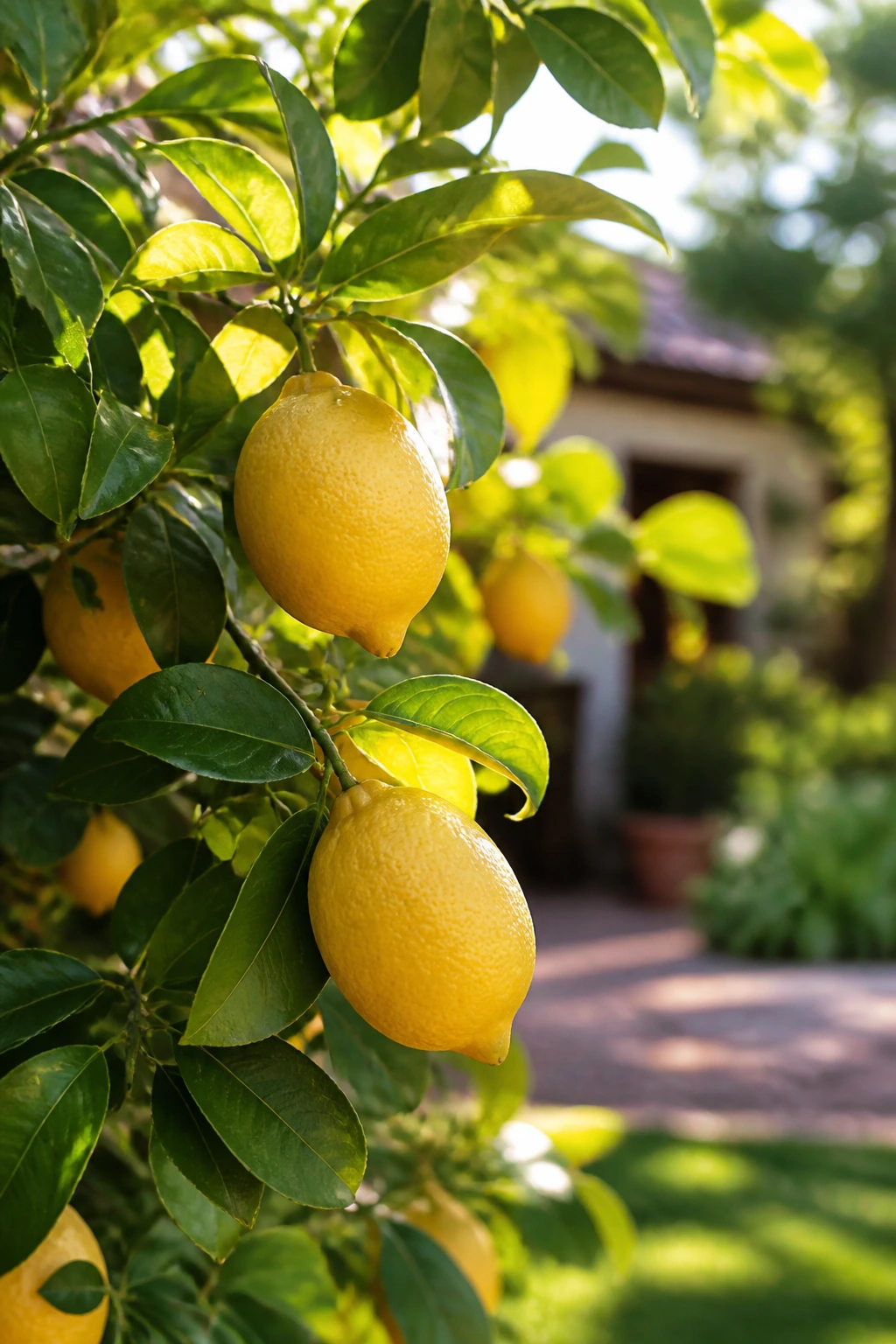 Healthy lemon tree thriving in a sunlit backyard