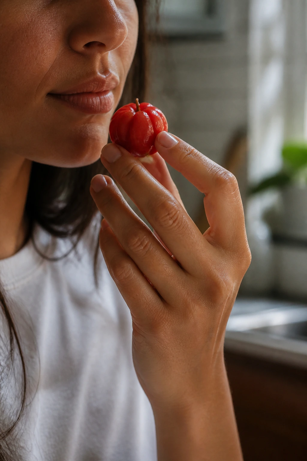 Surinam Cherry (Pitanga):Â Nutrition Facts, Health Benefits, And More 9 Real person close-up with Surinam Cherry near lips