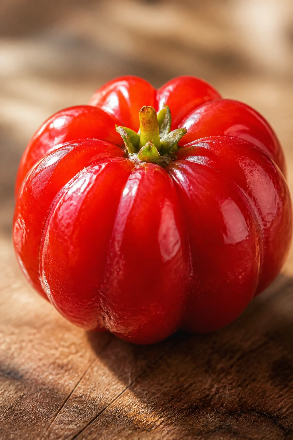 Surinam Cherry (Pitanga):Â Nutrition Facts, Health Benefits, And More 7 Close-up of a glossy Surinam Cherry on a wooden cutting board