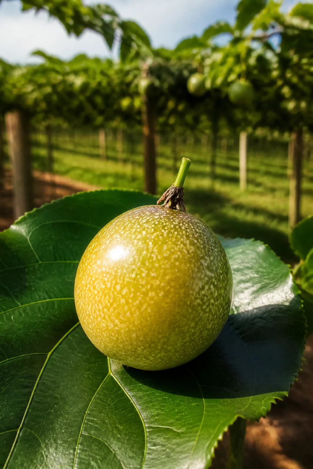 Passion fruit resting on a green leaf in a sunlit field.