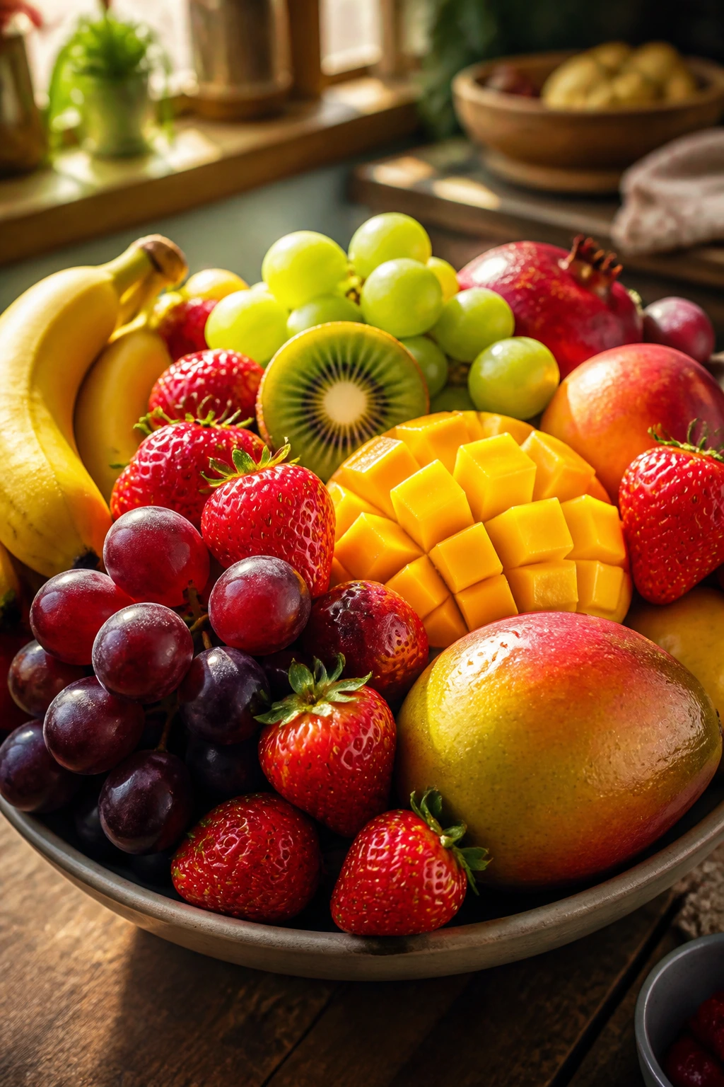 Sweet Fruits Vs Acid Fruits: Which Is More Healthier? 1 Close-up bowl of mixed sweet fruits on a wooden counter