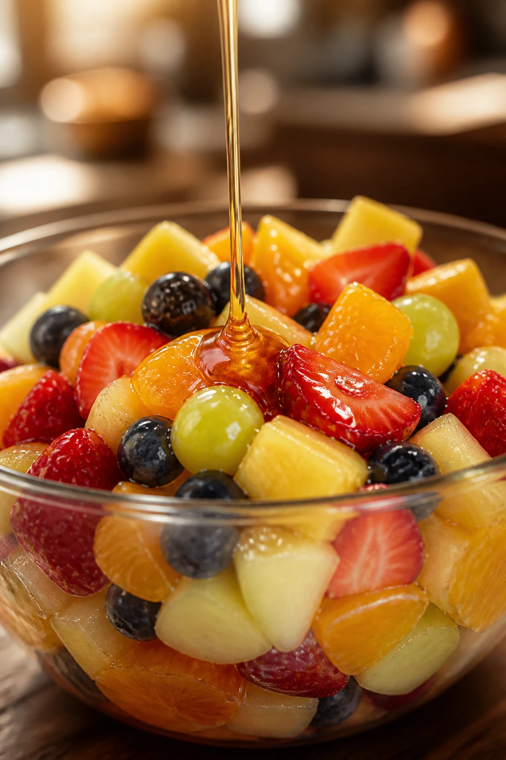 Storing Your Fruit Salad to Last - Freezing Fresher, Longer 6 Sweetened fruit salad with syrup drizzle in a glass bowl.