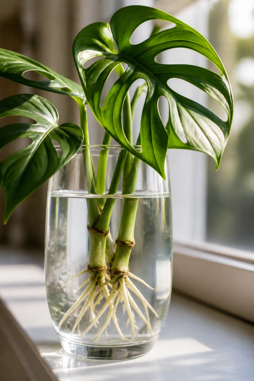 How To Propagate Swiss Cheese Plant:Â Step-By-Step Guide 7 Close-up of Swiss cheese plant cutting rooting in water in a glass
