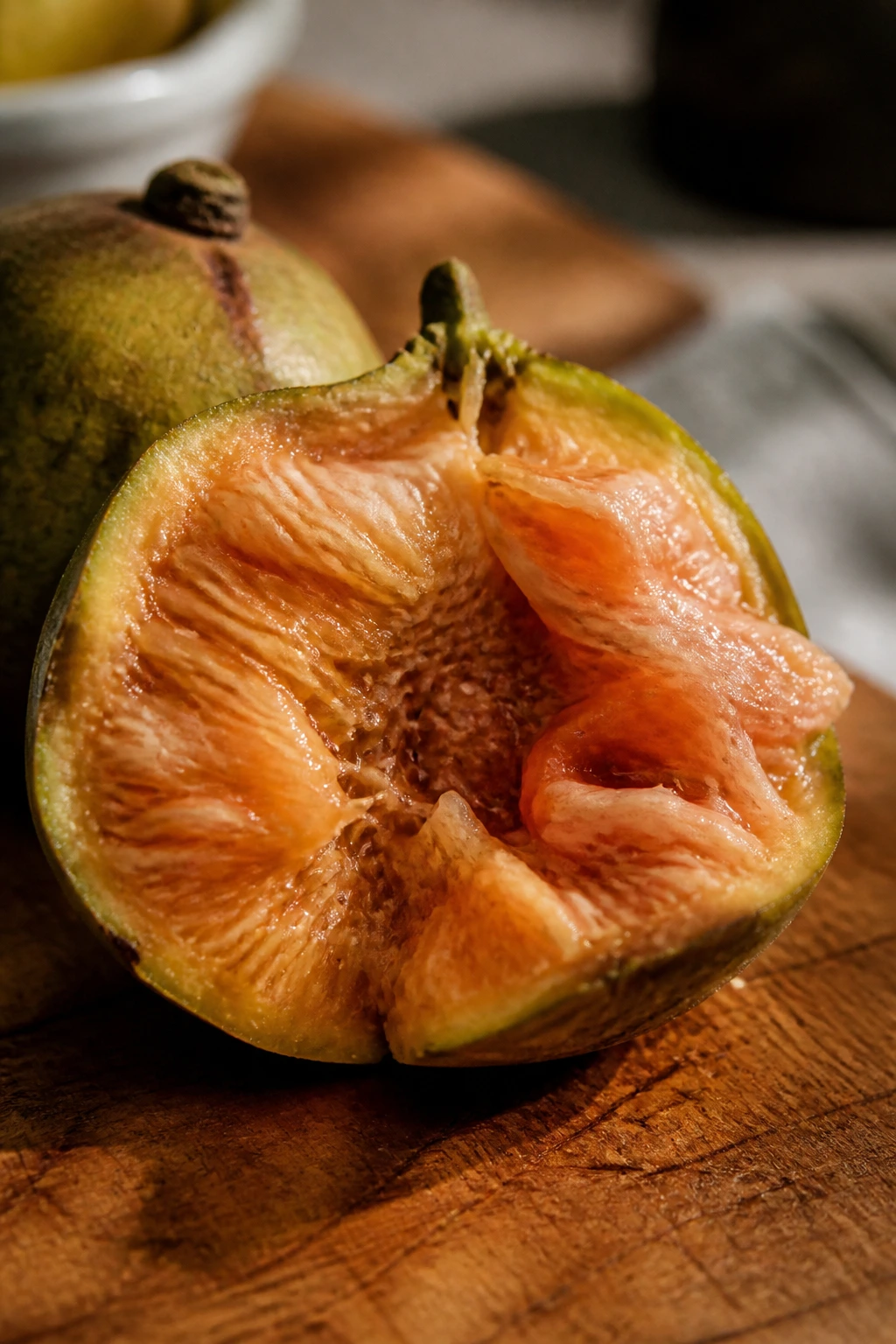 Halved sycamore fruit on a wooden cutting board ready for cooking